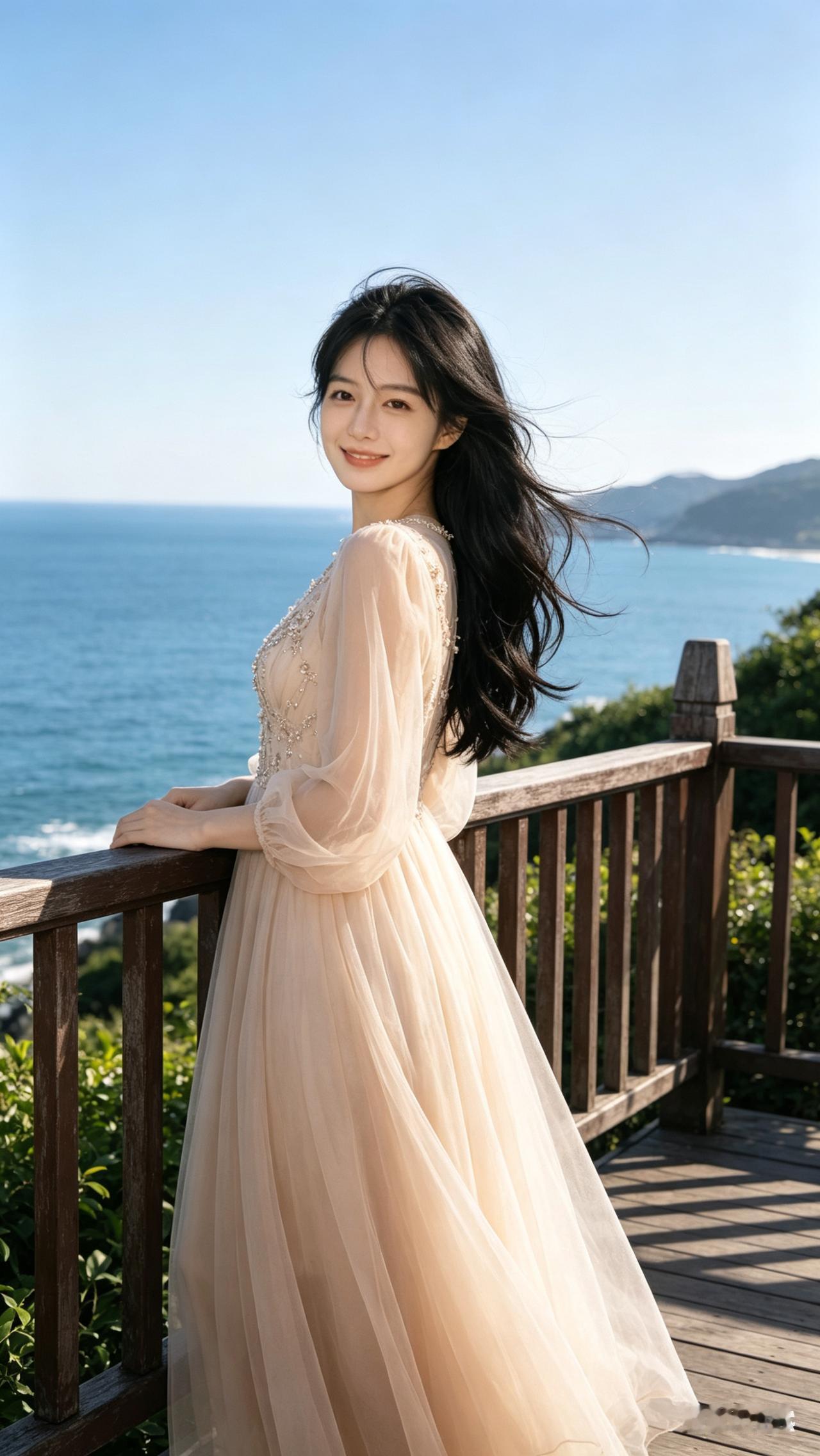 海边漫步，轻纱飘逸，享受阳光与海风。