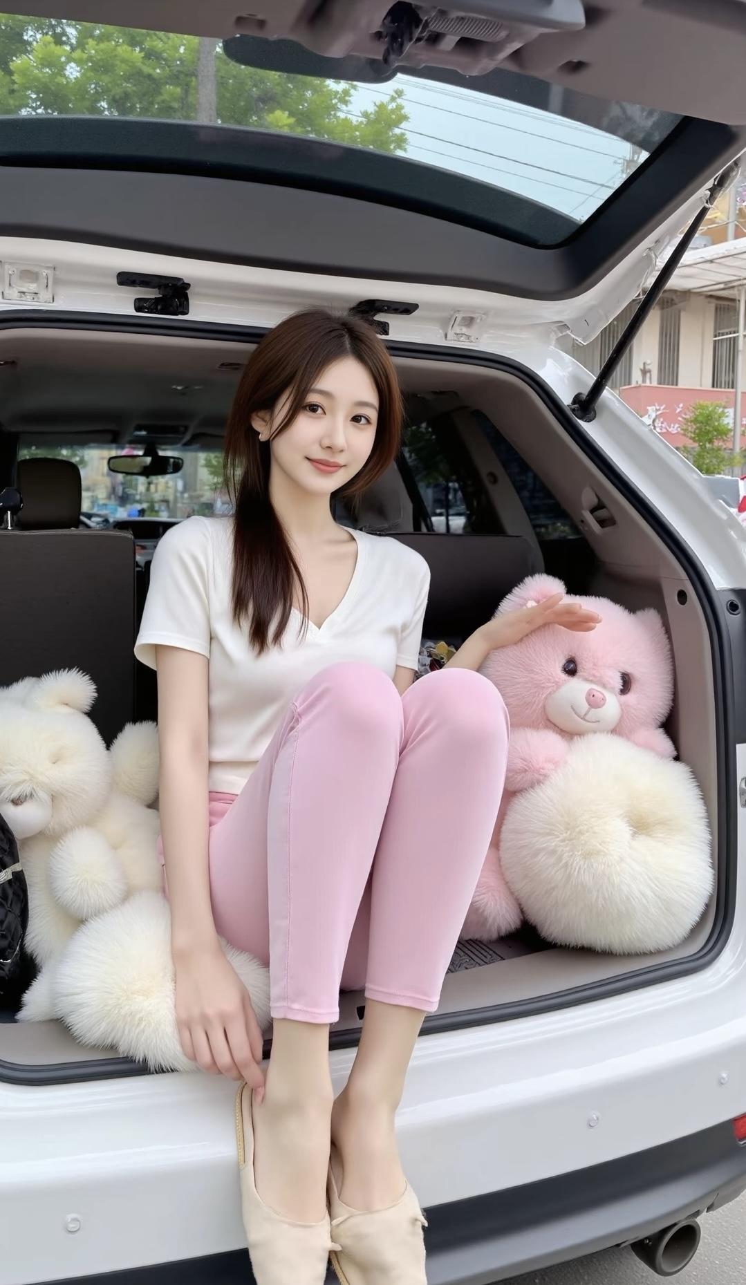 粉色（裤、大熊）+白色（衬衫、小熊、枕头）+米白（小熊、车身），色调柔和统一