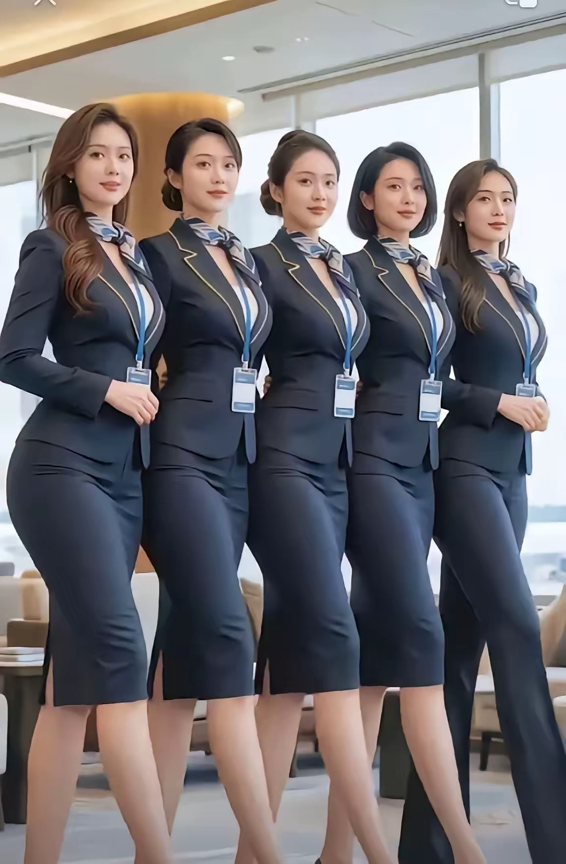 航空公司的空姐5人组长得前凸后翘、婀娜多姿大长腿，并排一站，气质满满。追她们的人