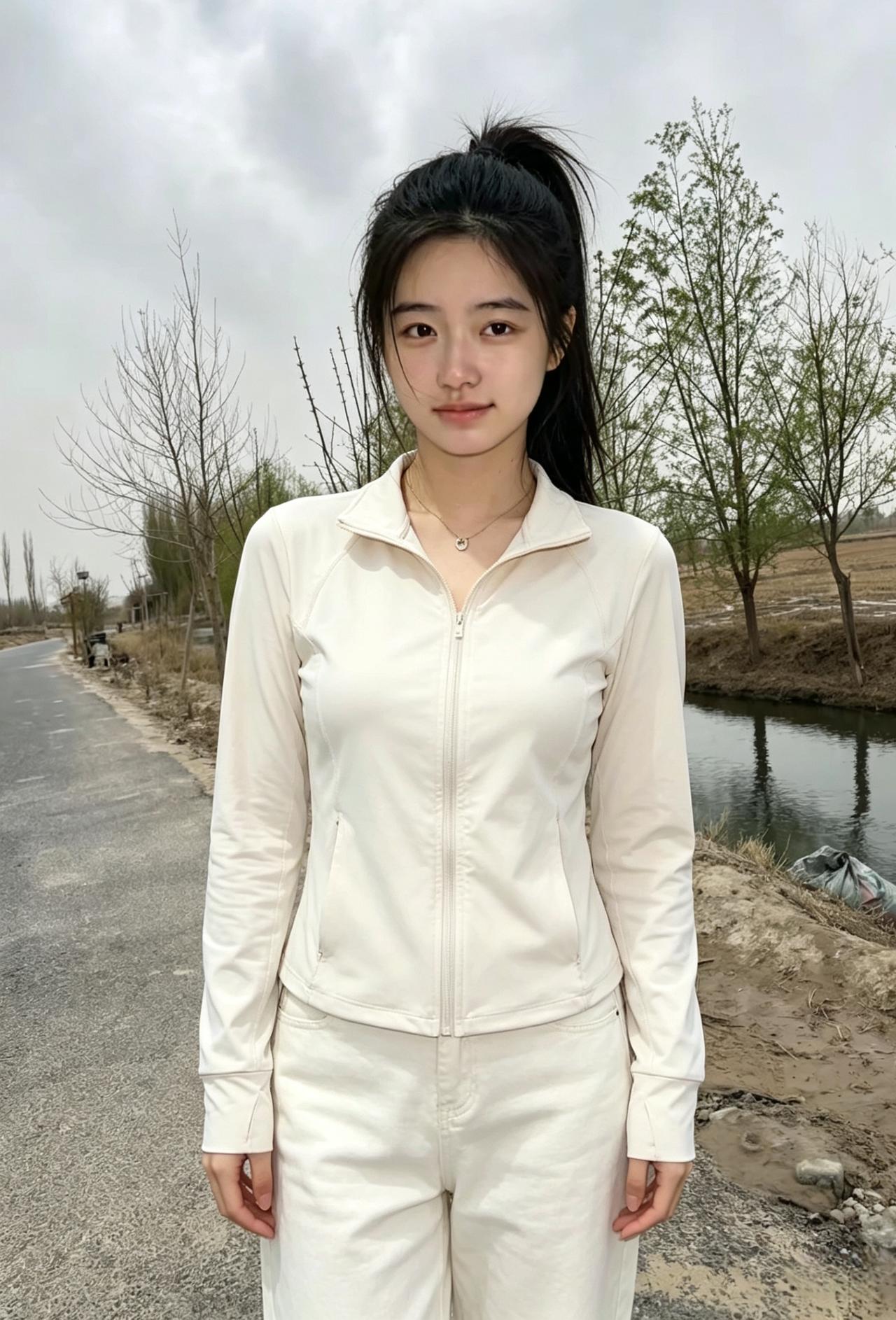 素衣闲立野溪边，柳色如烟映玉颜。浅黛眉弯藏秀气，清风一缕伴身闲。