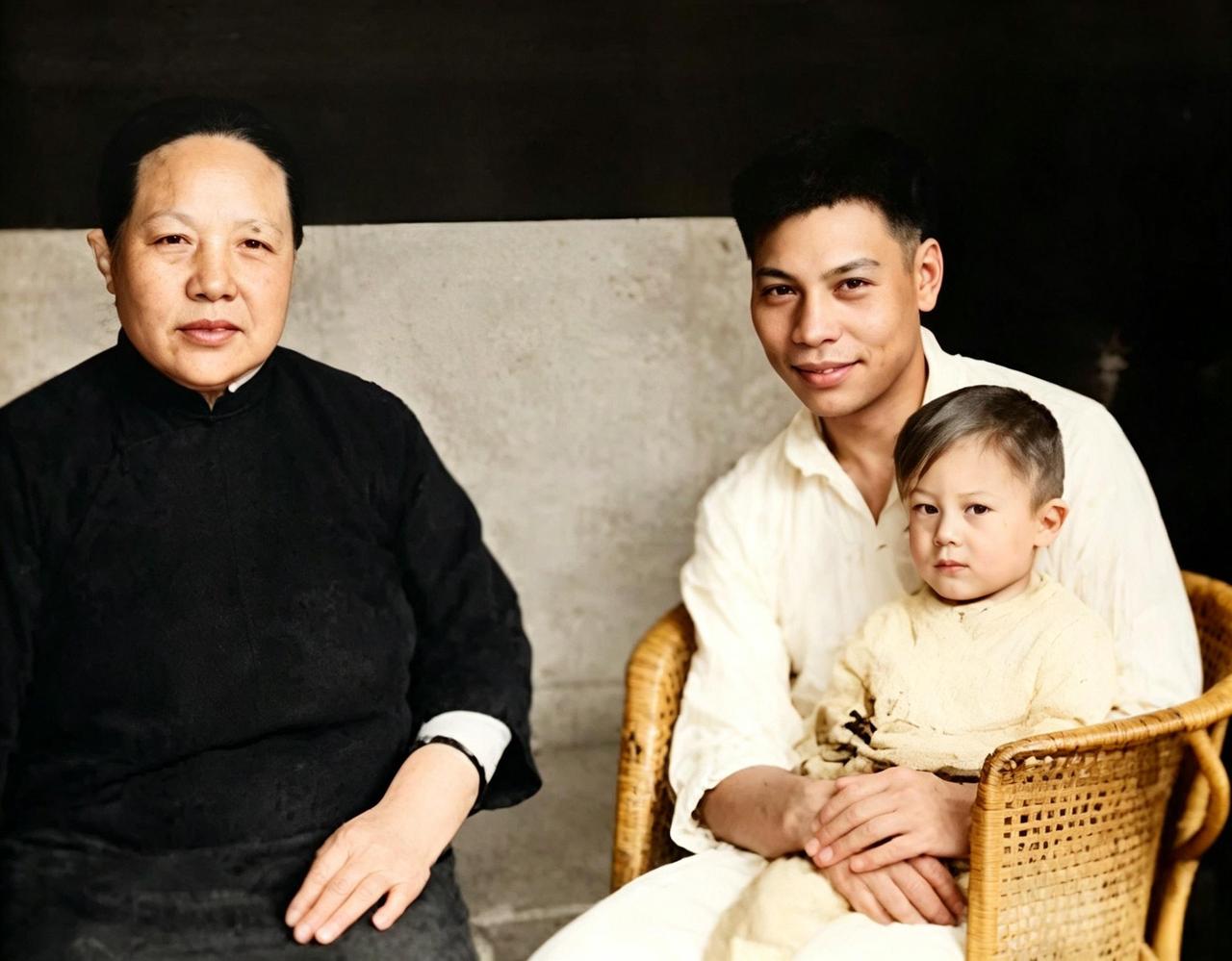 这是蒋建丰抱着孩子恭恭顺顺地坐在母亲毛福梅身边。他知道父亲蒋中正欠母亲得太多，所