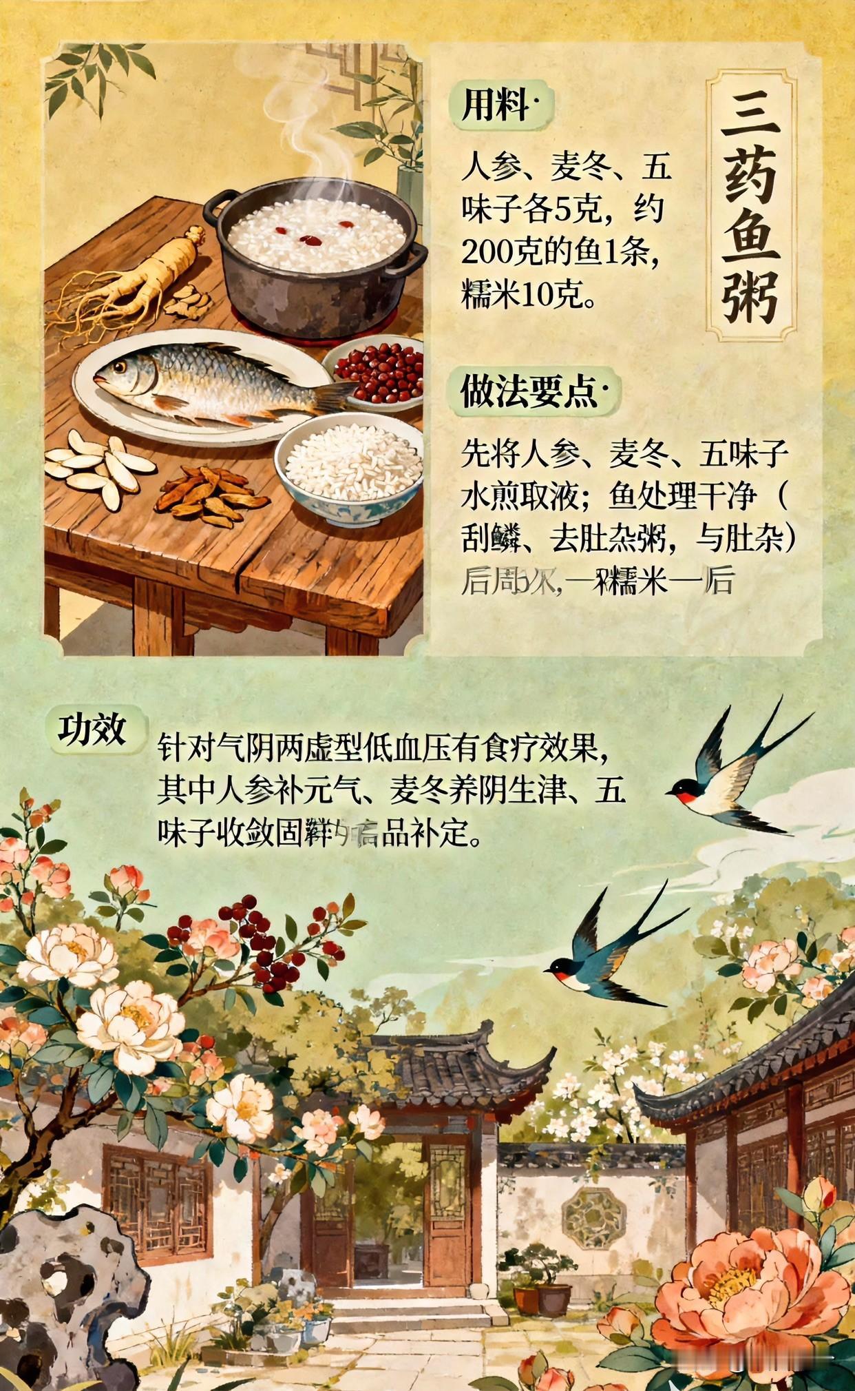 [红脸笑]三药鱼粥食疗方妙招[红脸笑]1.用料：人参、麦冬、五味子各5克约200克