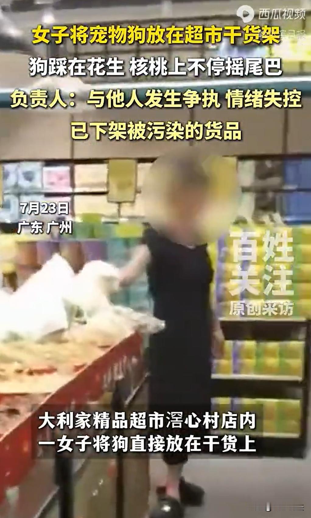 “太坏了！”广东广州暑，一个女子抱着宠物狗进了一家超市，店员劝了两句没劝住。后来