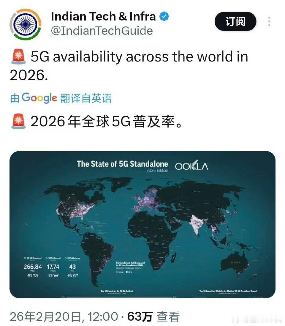 全世界2/3的5G基站装在中国，但是印度官方发布的5G普及率，中国不如印度和欧美