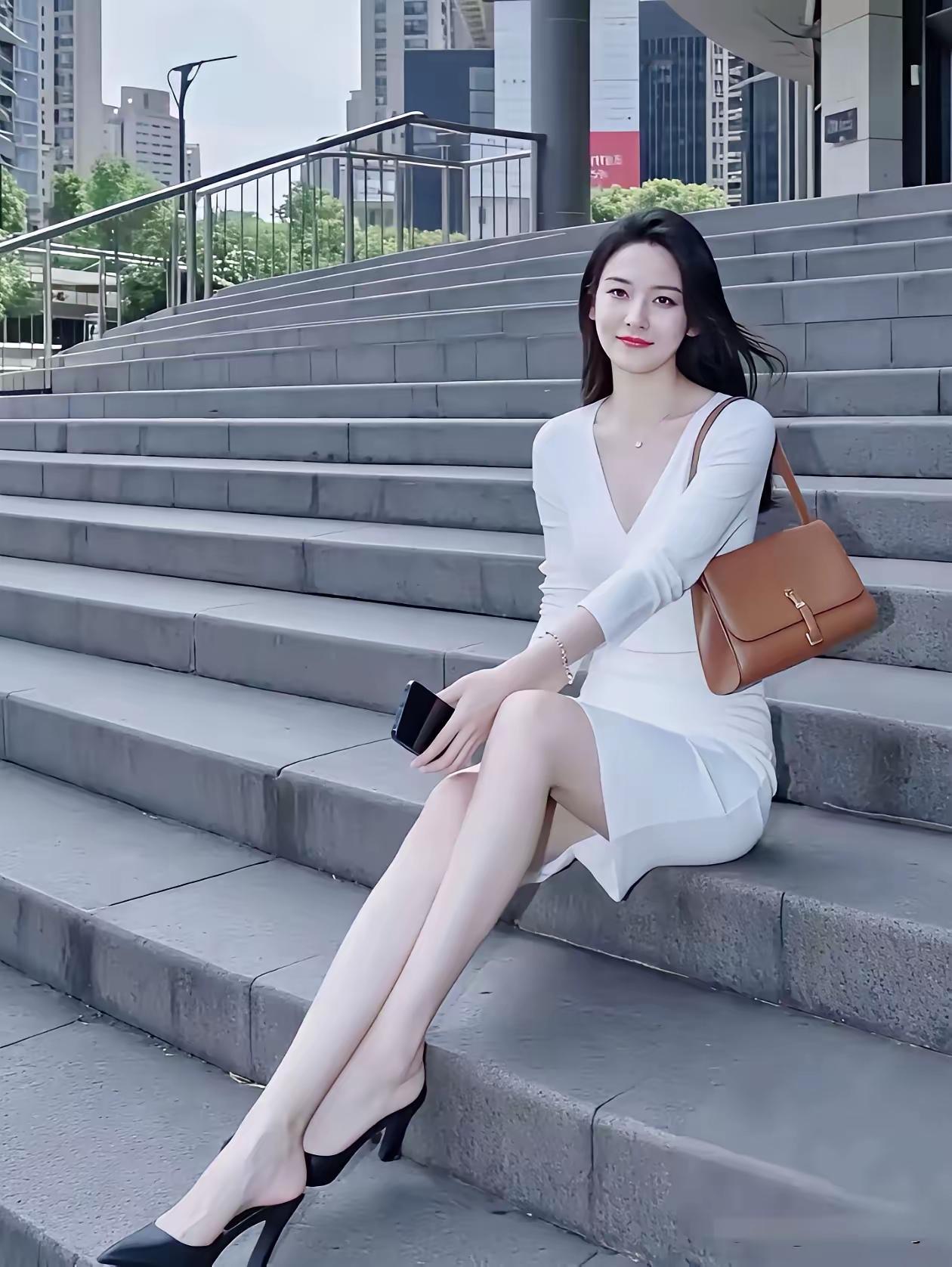 都市时尚少女，优雅坐台阶。