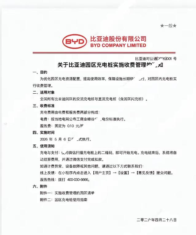 比亚迪调整园区充电福利，员工日常用车成本出现增加。5月6日，比亚迪落地