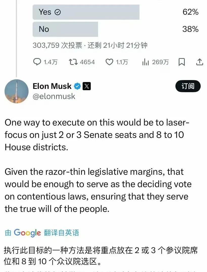 马斯克宣布的建党伟业：初步目标：拿下2-3个参议院席位，拿下8-10个众议院席