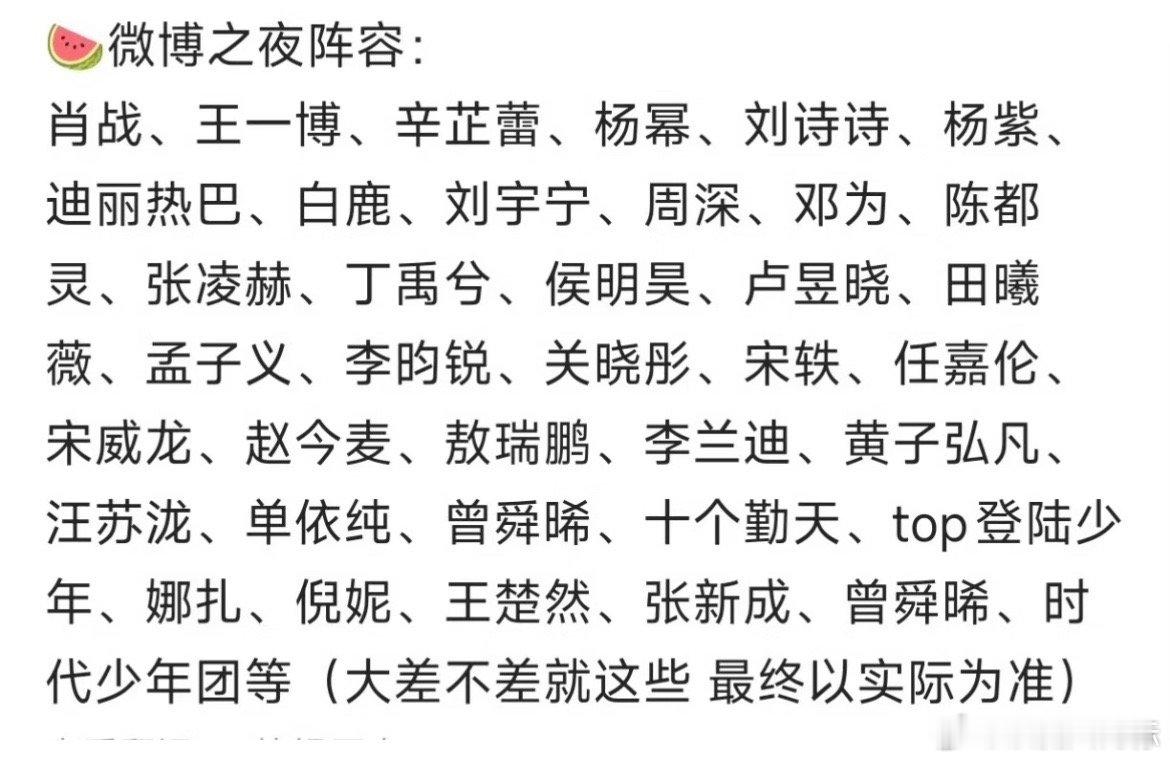 微博之夜阵容官宣除了已经官宣的之外，微博之夜最重磅的阵容是这样的。