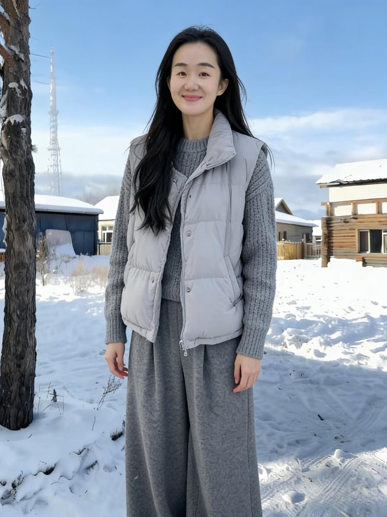 雪把天空磨成了浅蓝树桠挑着未化的白，木屋蹲在风里她站着，像一块温软的云落在