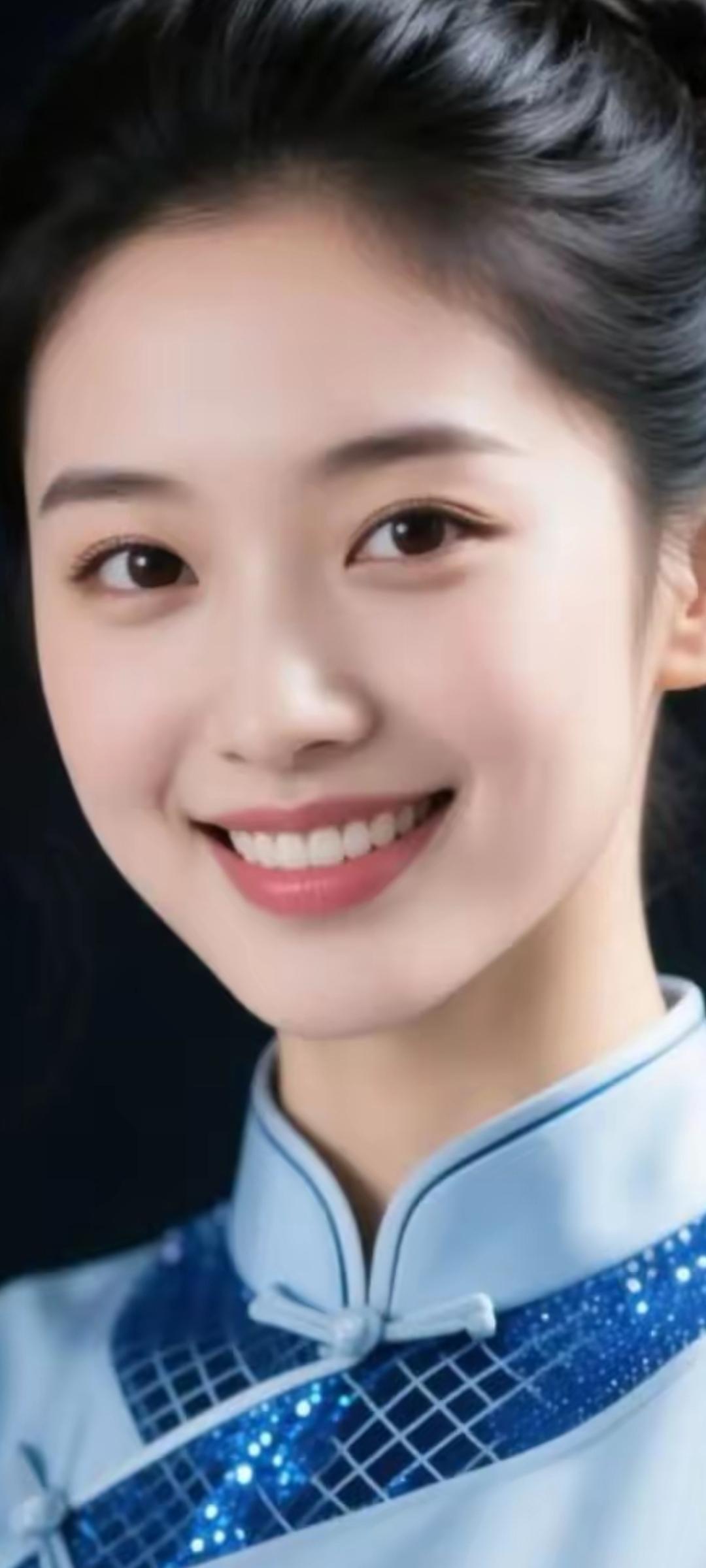 微笑的少女，蓝白相间的旗袍，散发着古典与现代的完美结合。