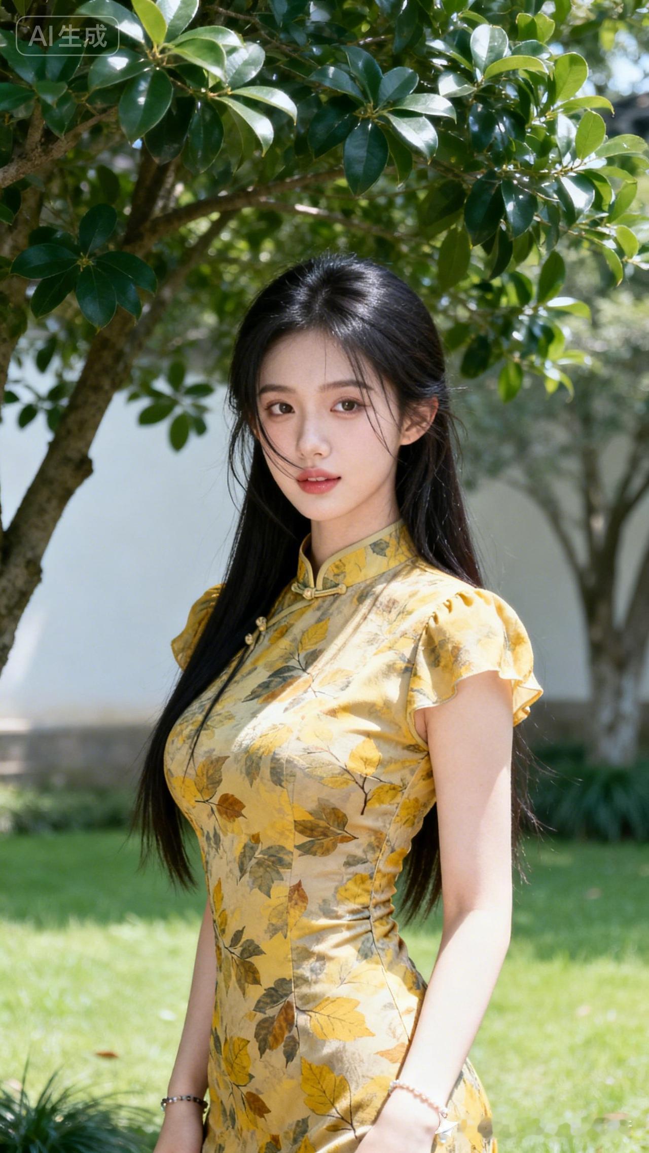 优雅旗袍少女，秋意浓郁，绿意盎然，尽显东方韵味。