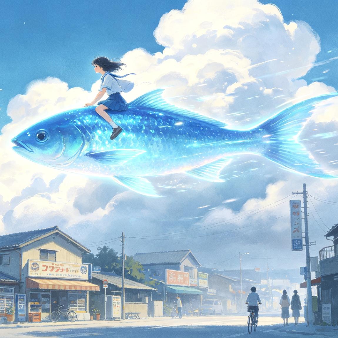 昨夜做了个奇幻的梦，一条蓝色大鱼通了灵性，载着我腾空乱飞。俯冲而下的瞬间，竟