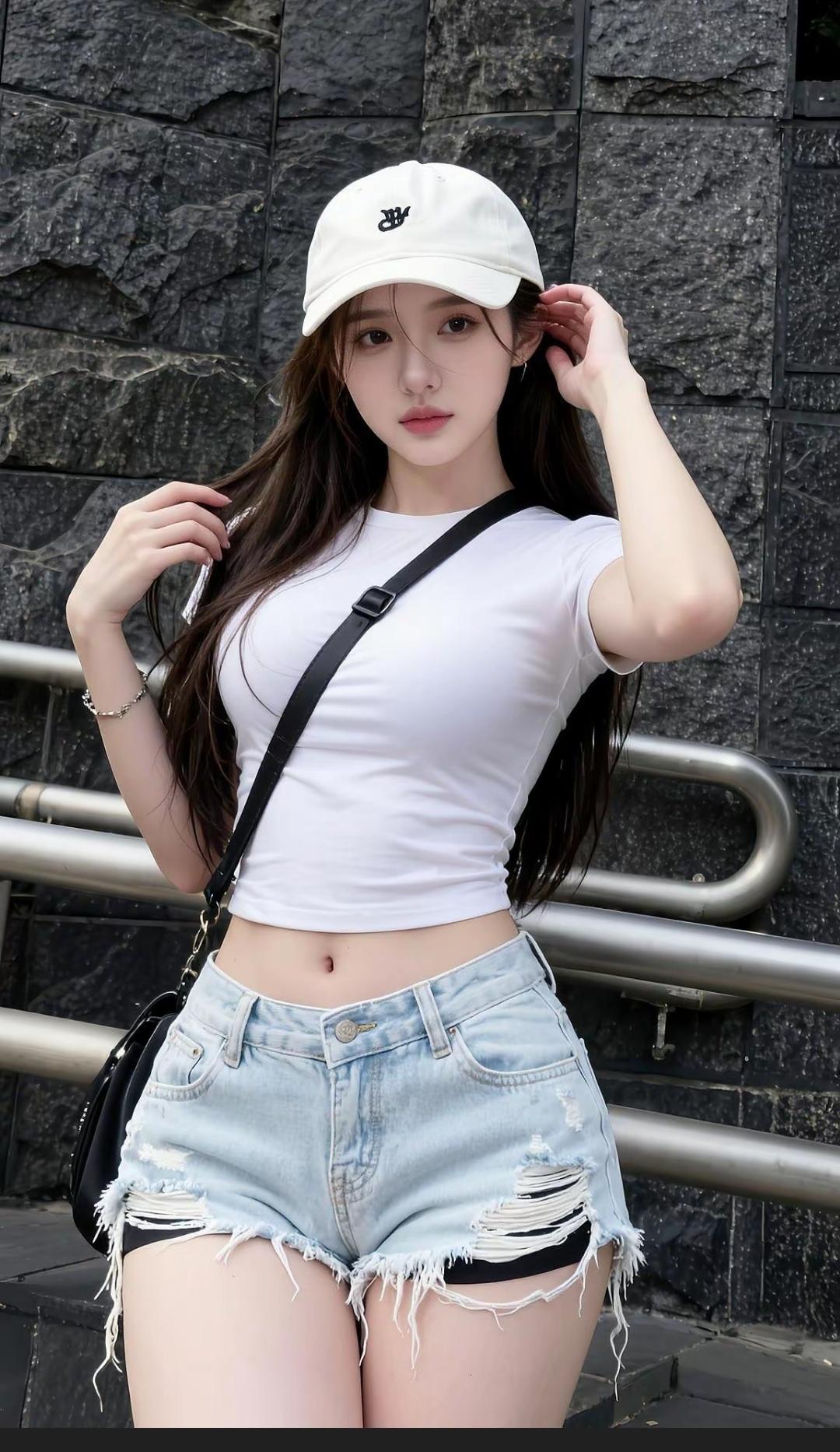 夏日清新穿搭，白色T恤+牛仔短裤，搭配白色棒球帽，轻松自在！🌞👒👗