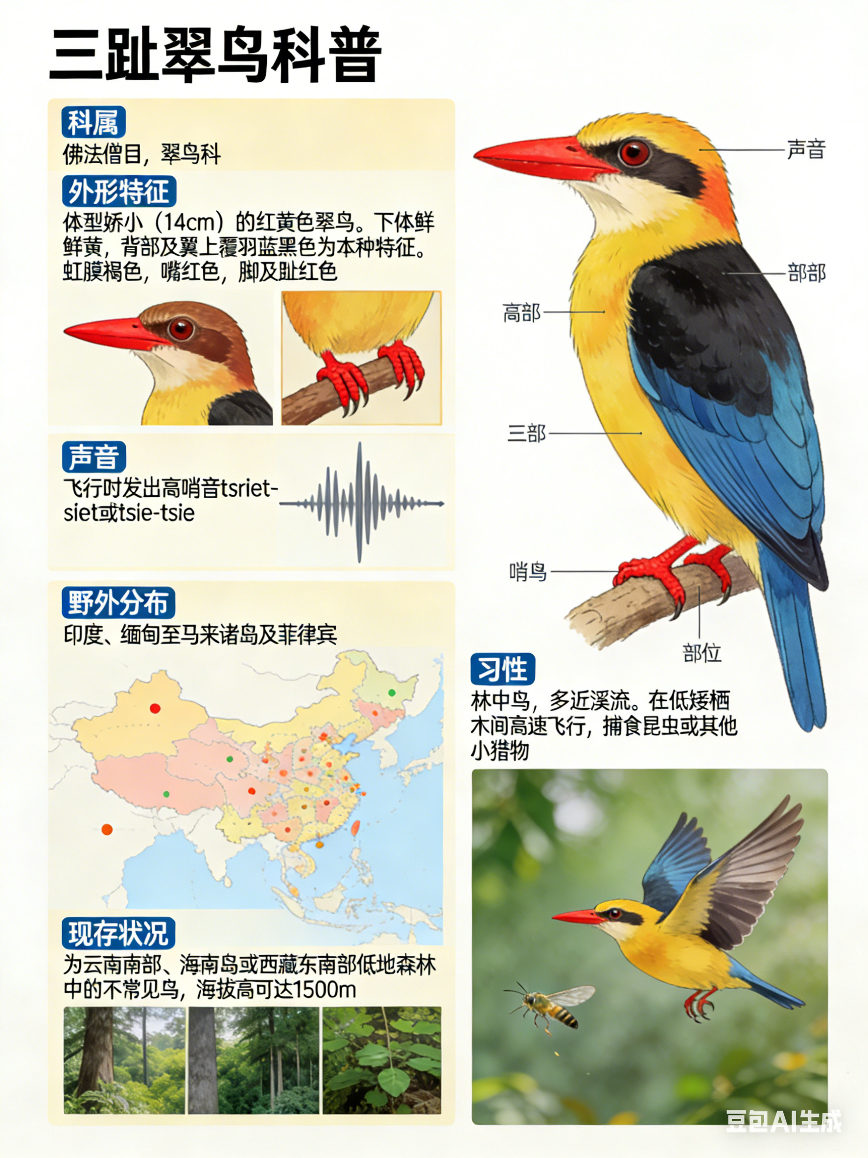 鸟类朋友图鉴三趾翠鸟·科属：佛法僧目，翠鸟科。·外形特征：体型娇小（14cm）