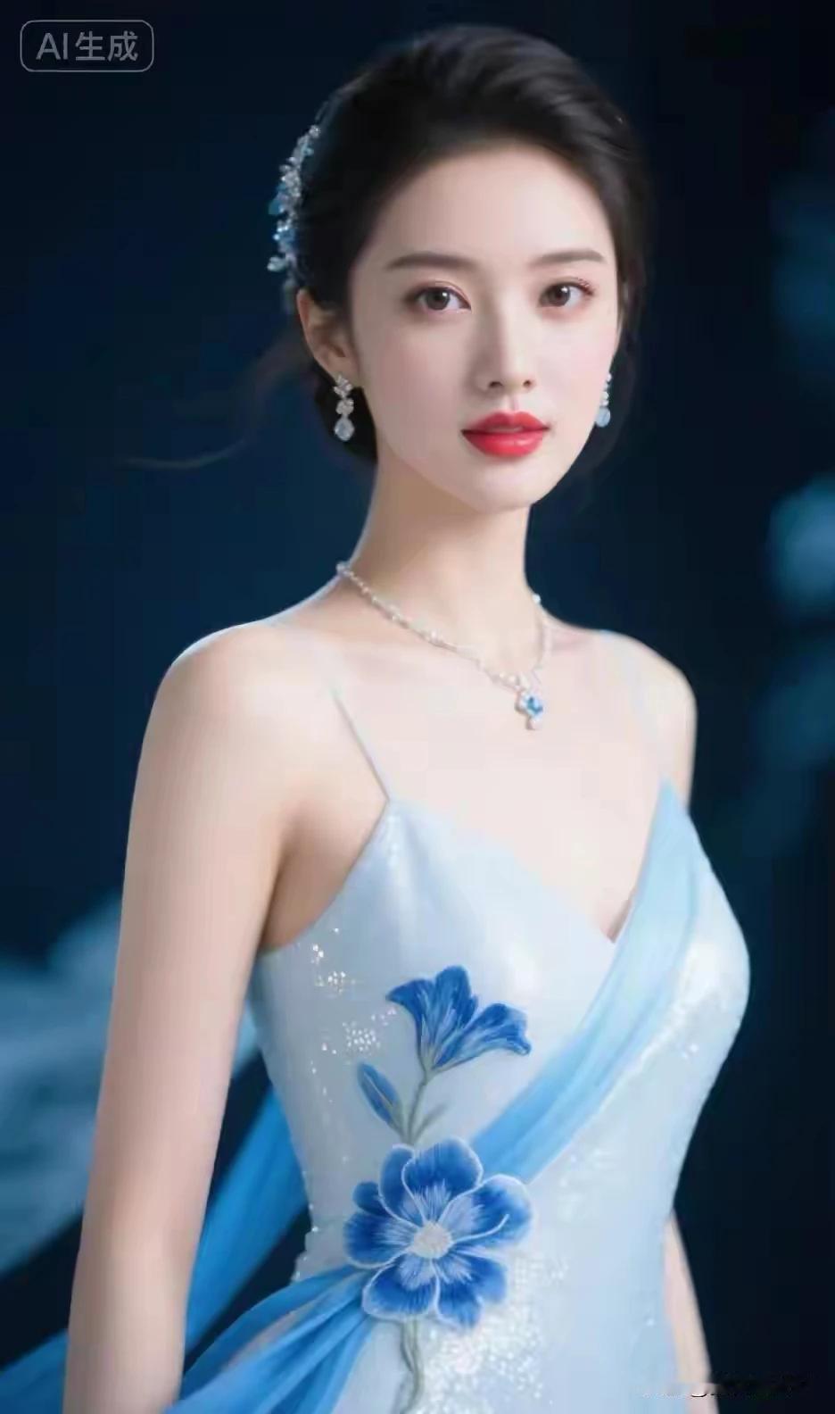 沉鱼落雁，闭月羞花。出水芙蓉，亭亭玉立。年轻美女，一袭兰裙。单肩礼服，高贵