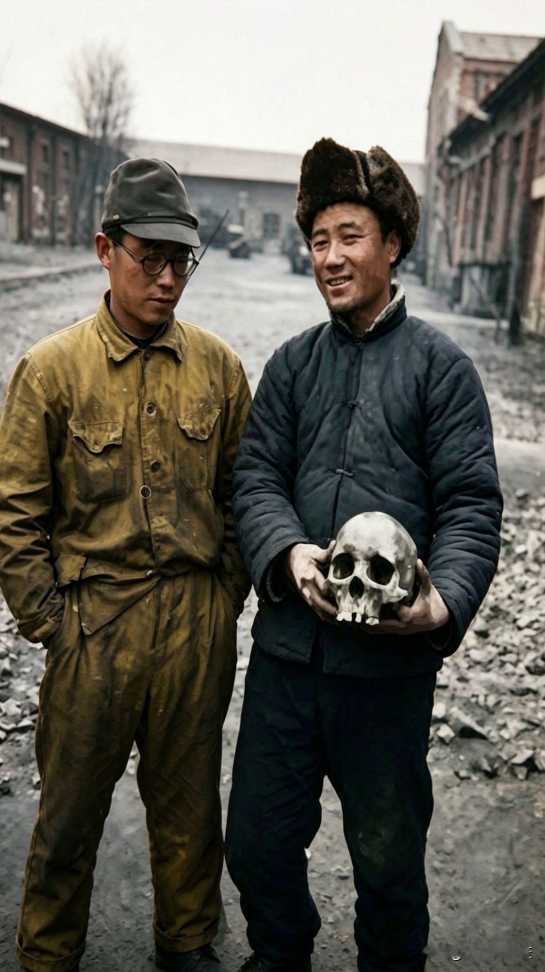 抗日战争期间，一个日本军人，胁迫中国老百姓拍摄的照片。照片中男子手持一个骷髅