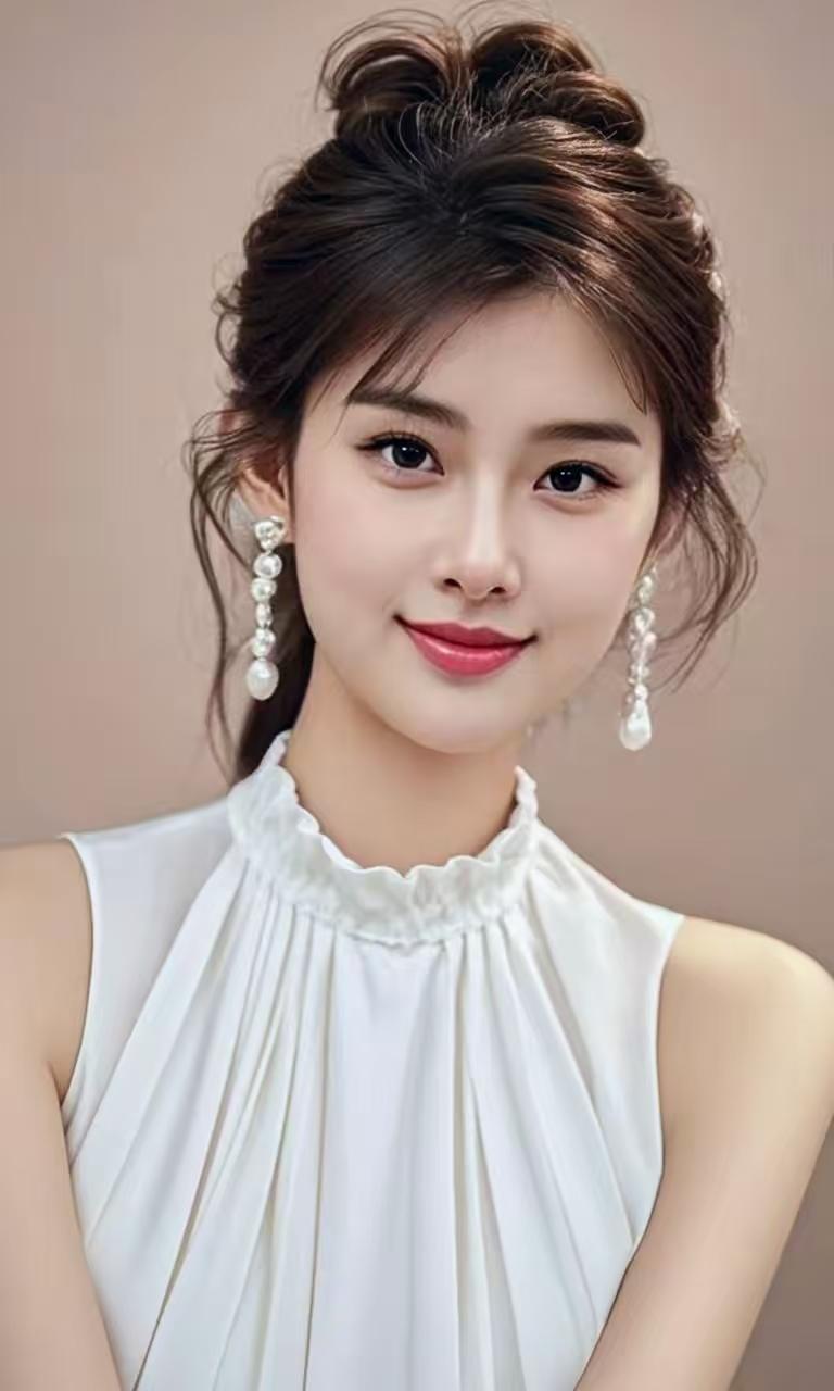 “优雅白裙少女，珍珠耳环闪耀，微笑迷人”白色缎面挂脖裙，缎面的高级光泽感，挂脖露