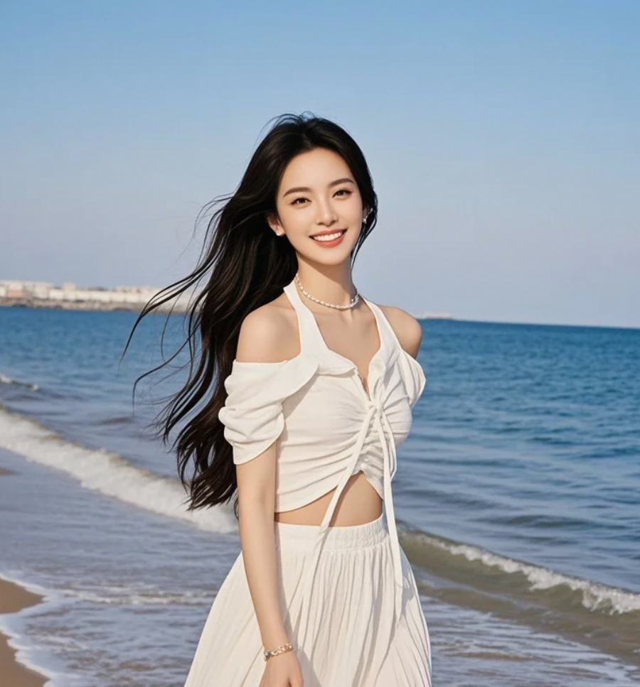 她穿着白裙在海边，拍出夏日氛围感