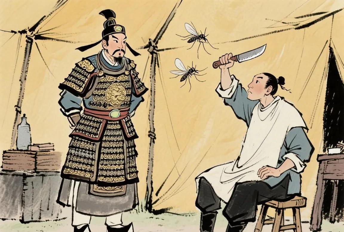 乾隆年间，苏松镇总兵马金巡营时，瞥见一剃发匠闲坐凳上挥动剃刀——寒光一闪，空中蚊