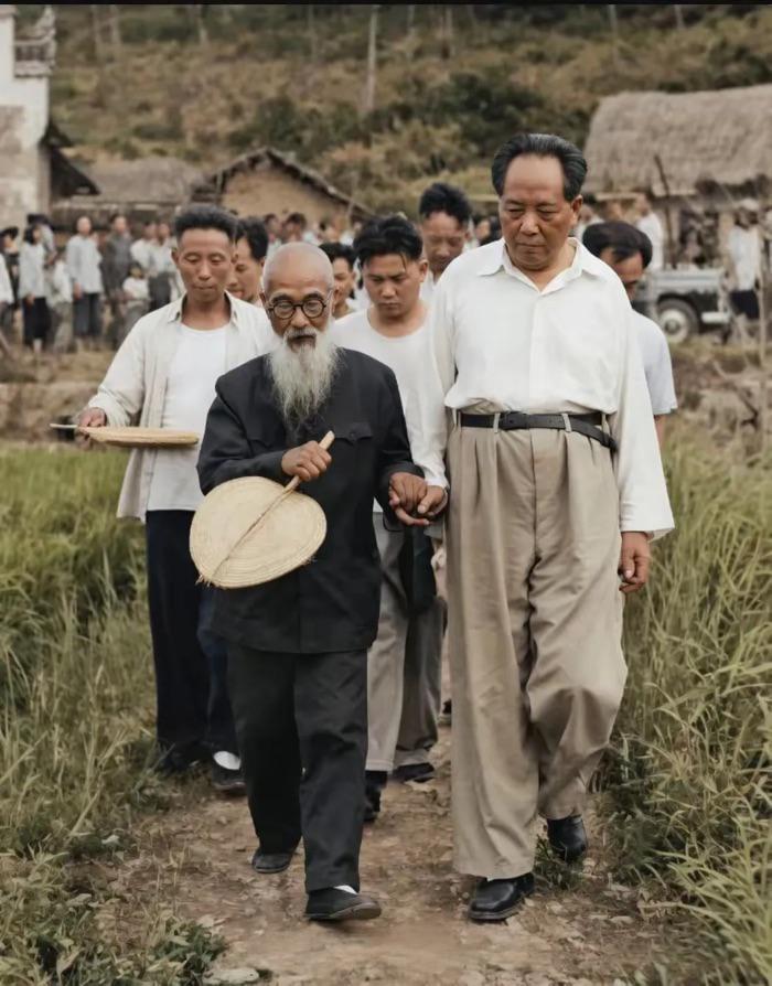 这应该是毛主席回故乡韶山考察的历史场景！图一是携手并进的是主席孩童时代的启蒙