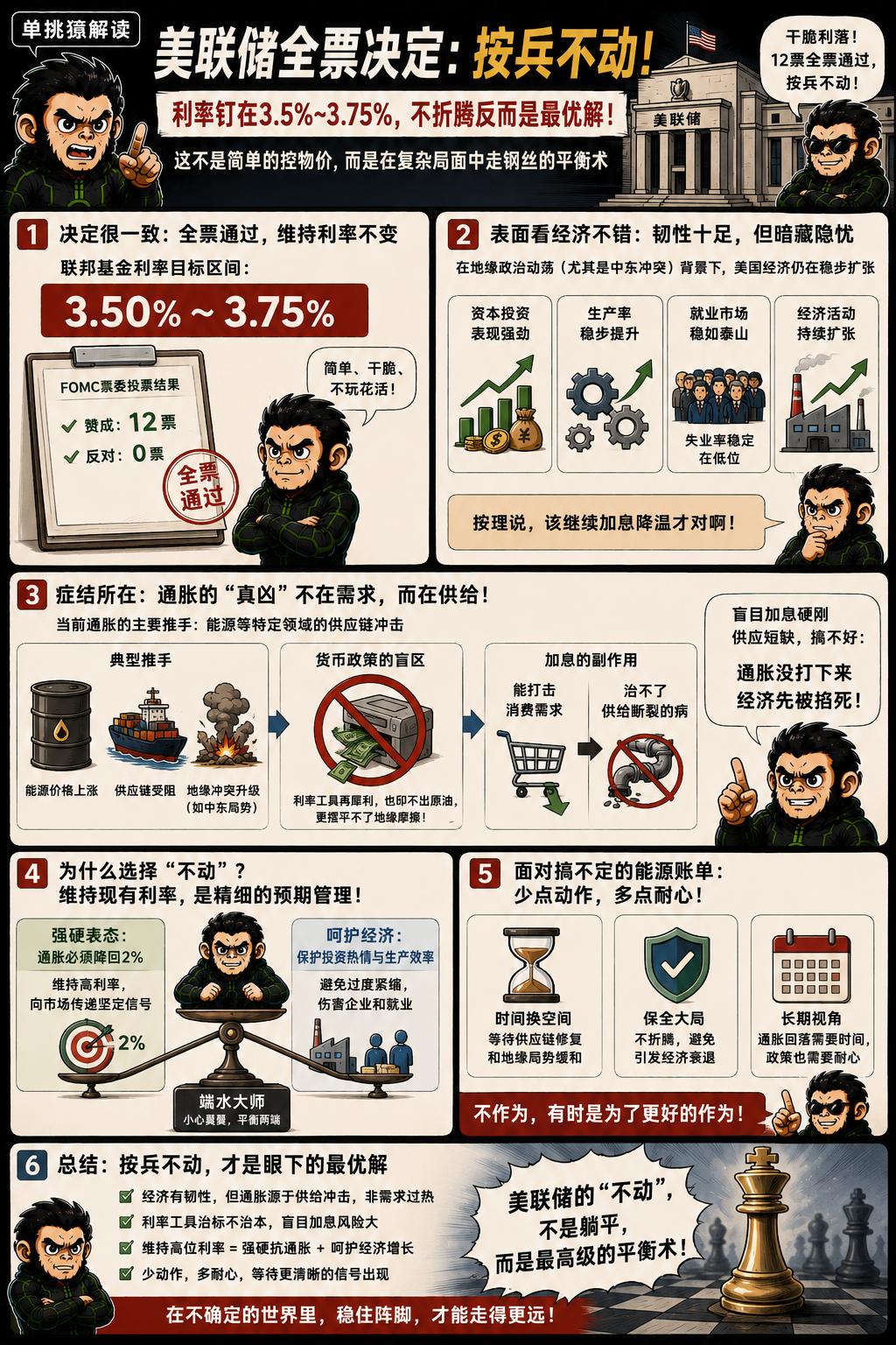 美联储这次议息会议的决定，干脆利落到了极点，12票全票通过，按兵不动。把联邦基金