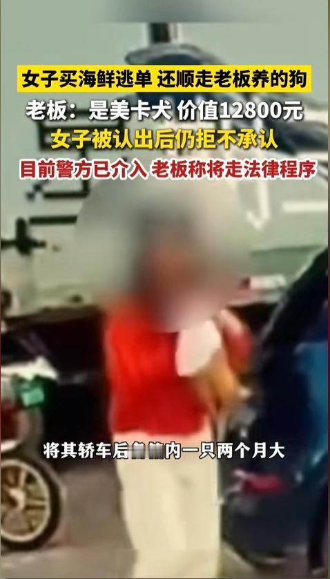 买海鲜逃单，抱走摊主12800的小狗，被报警后拉黑民警！秦皇岛这位红衣女士，真是