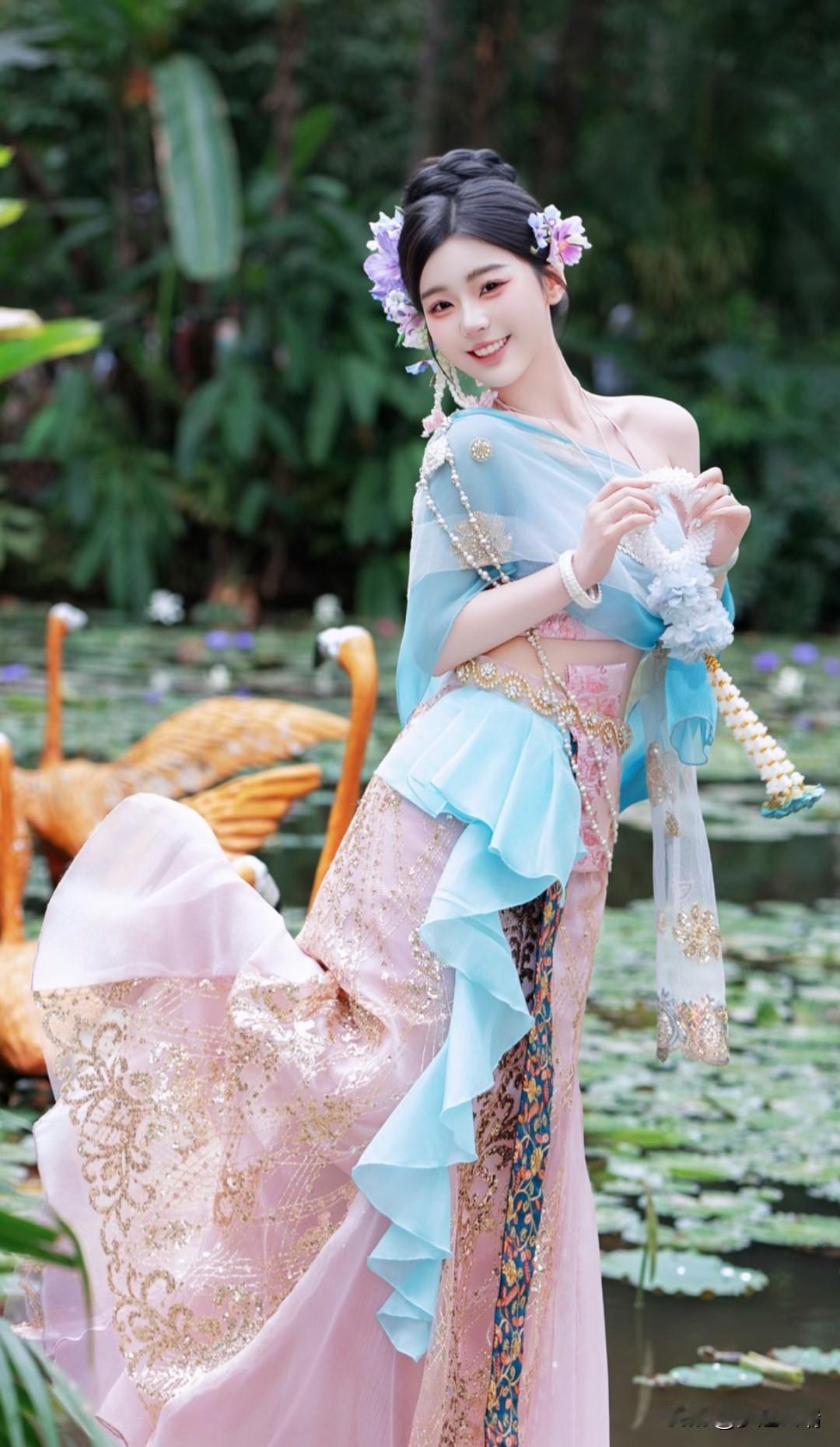 仙气飘飘的傣族仙子，置身于梦幻的园林之中。