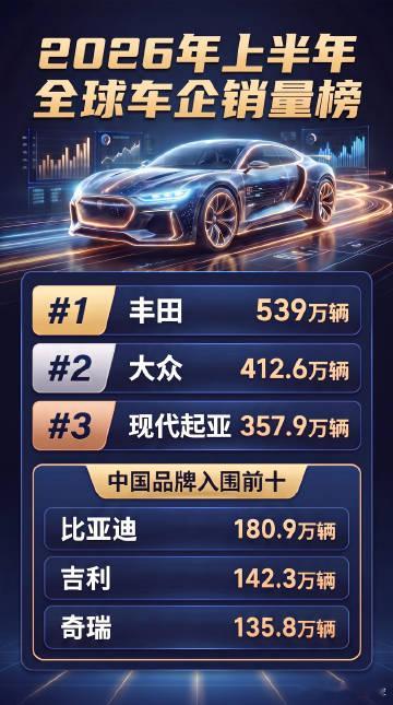 2026上半年全球车企销量榜单公布丰田依旧守住了全球销冠，上半年卖出539