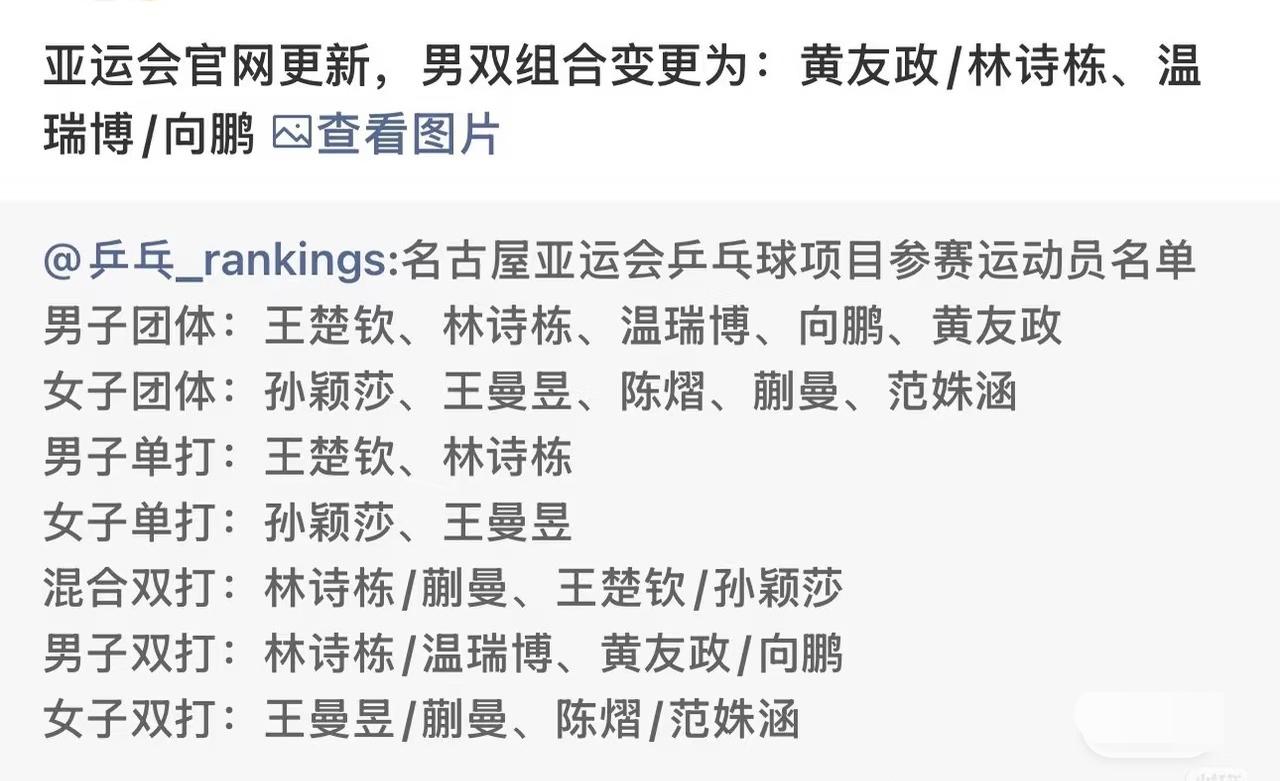 男双组合变更通知：林诗栋/黄友政温瑞博/向鹏！名古屋亚运会赛前还能换名单？