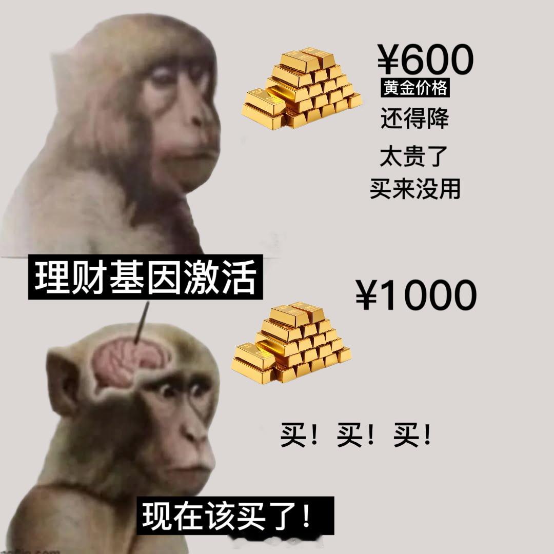 金价金价600的时候我嫌贵没买，1000的时候我的理财基因激活至此之后每当我