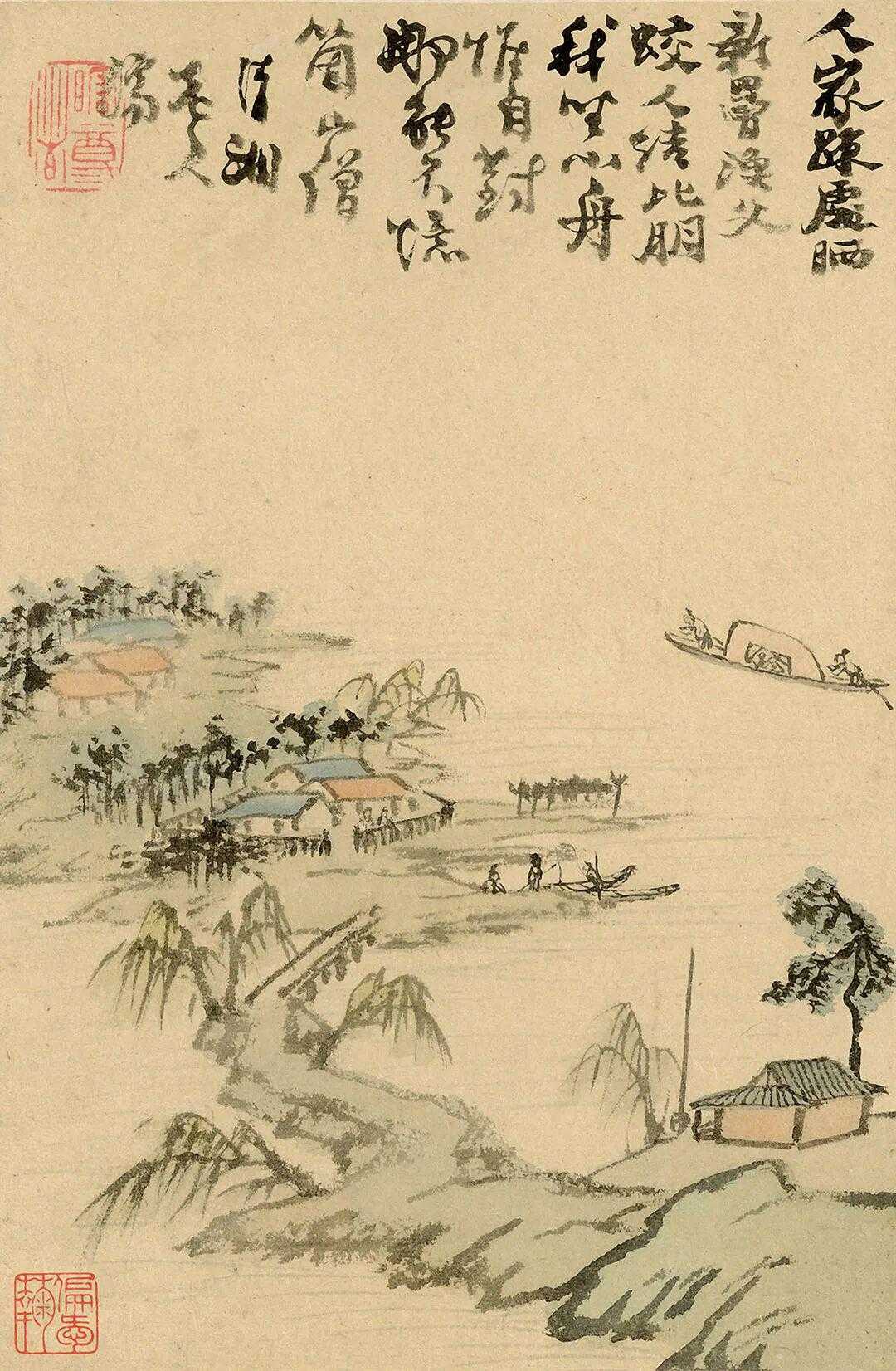 石涛《江行画册》，纸本浅绛-32.2x22.4厘米。此册是石涛五十一岁自北京沿运