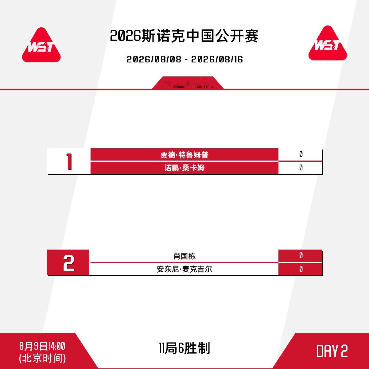 2026斯诺克中国公开赛第二比赛日赛程安排如下：北京时间14:00，上海大师赛
