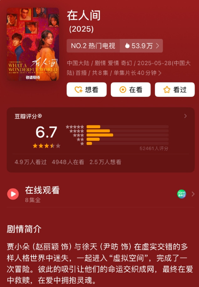 赵丽颖《在人间》豆瓣开分6.7分，5万人打分