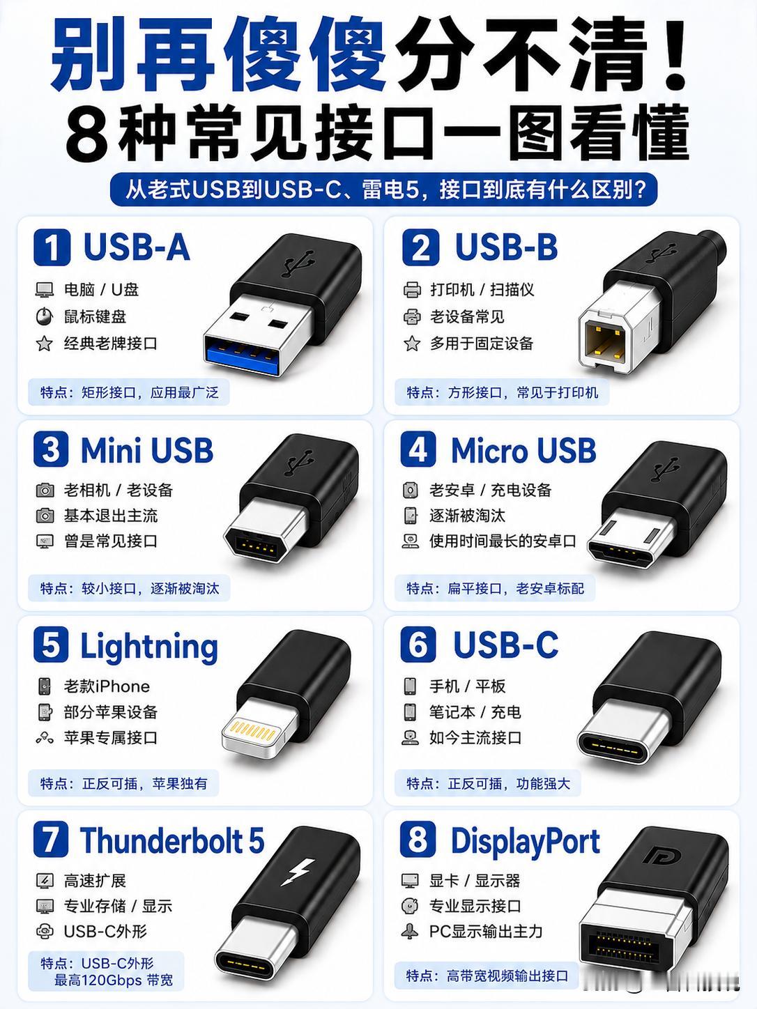 一图看懂！8种常见接口到底有什么区别？别说你用了这么多年USB，连USB-A