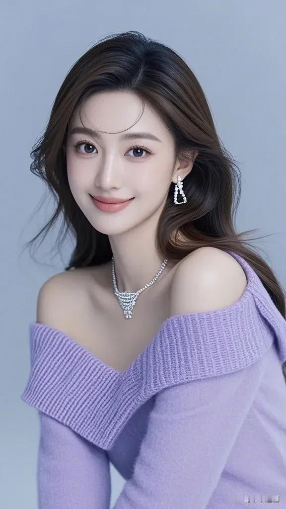 淡紫针织裹着软乎乎的温柔，碎钻在颈间晃成星子。发丝轻扬时，笑意也跟着甜得刚好。