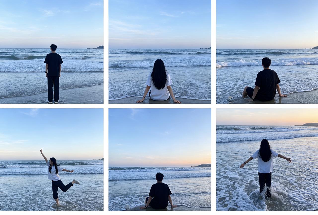 海边拍照，这5个技巧让你秒变氛围感女神！海浪拍打着礁石，夕阳把海面染成金色，