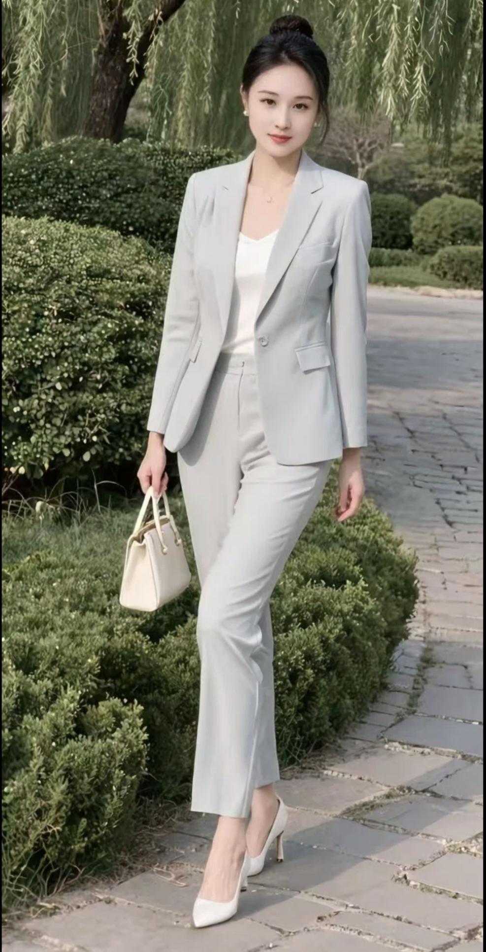 浅灰裁一身利落春风里，步影轻扬不张扬的精致是日常里藏不住的温柔气场西