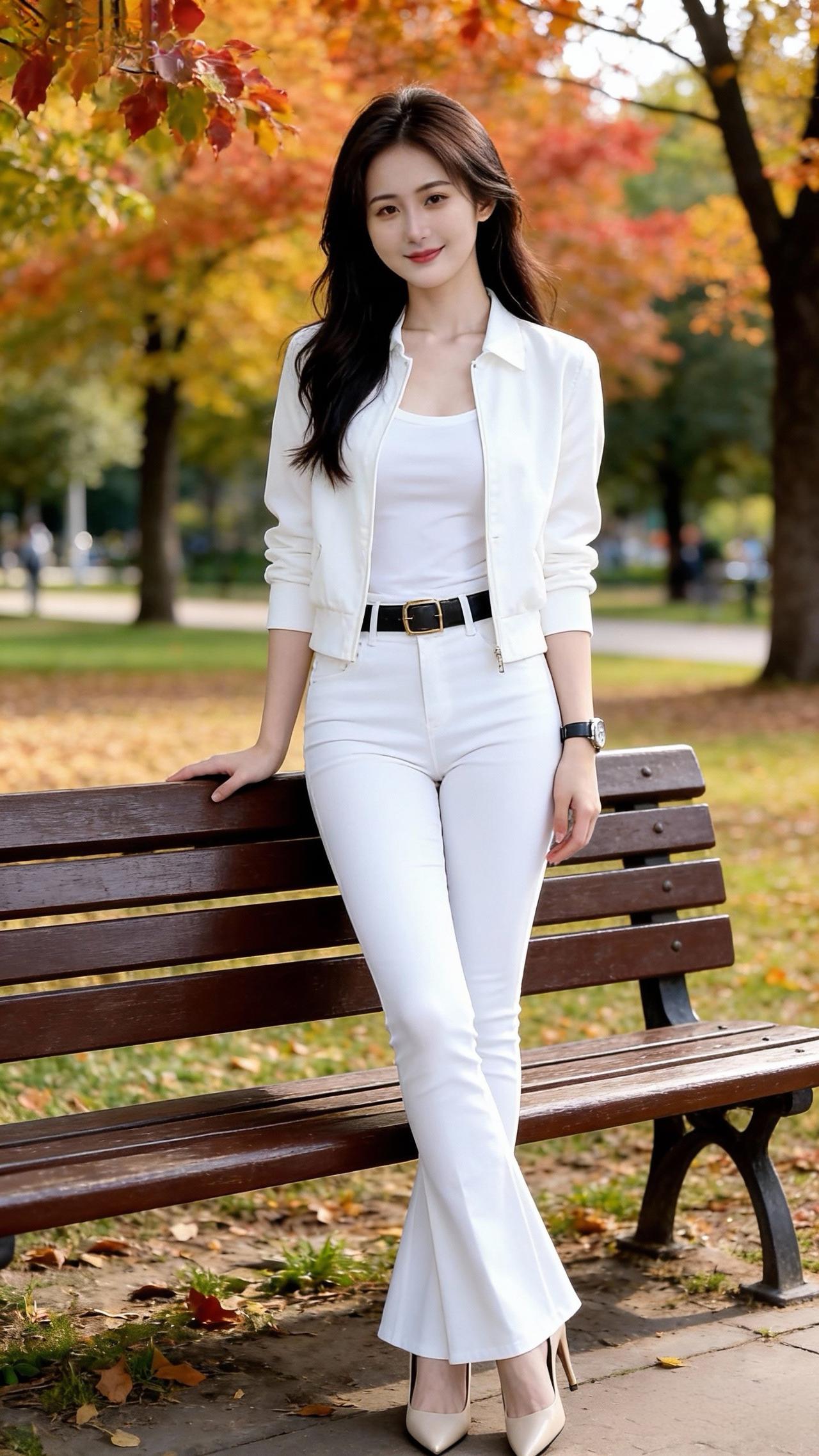 秋意浓时，白衣美人倚长椅。