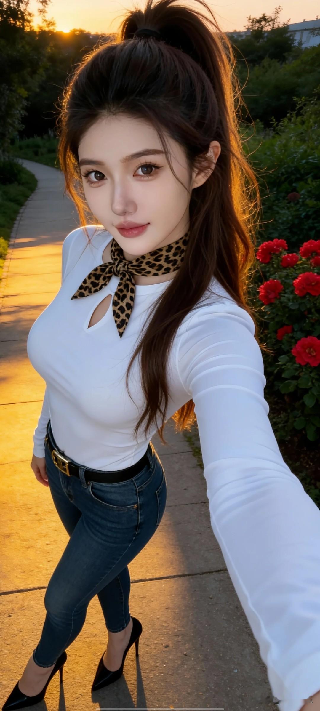 🌞白色上衣+牛仔裤，搭配豹纹丝巾，元气满满的一天！💕