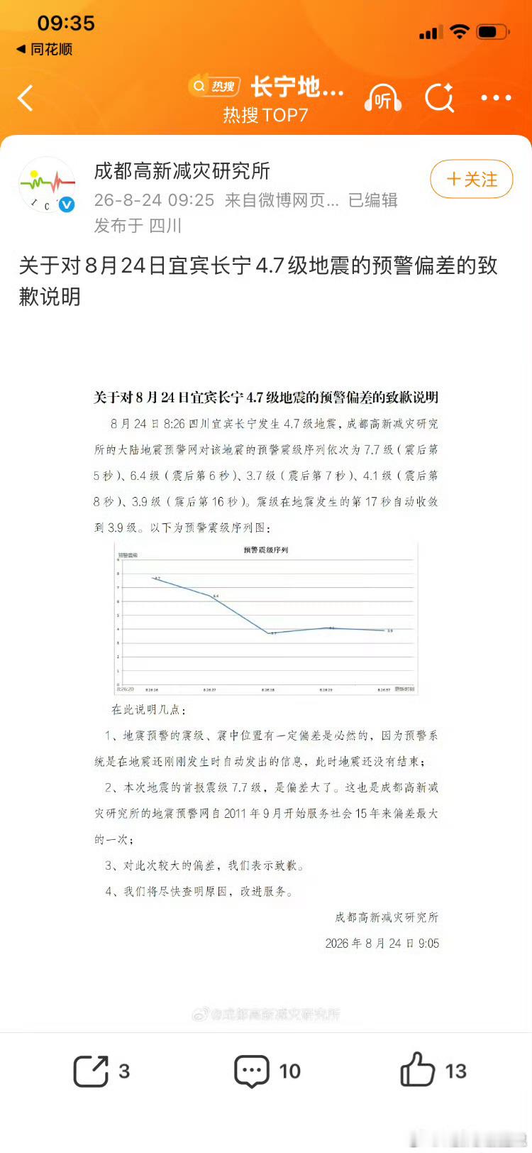 长宁地震预警误报手机收到四川长宁地震7.7级预警，实际震级4.7级，虚惊一场。官