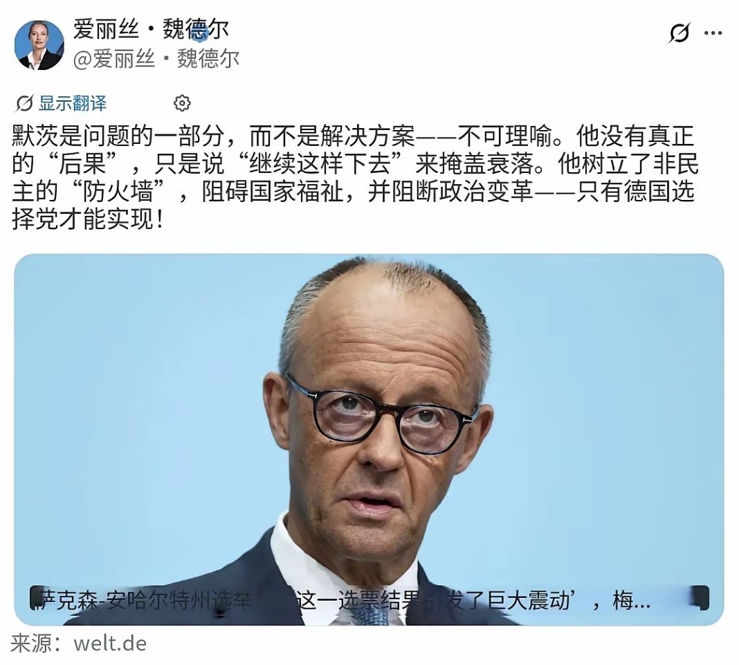 9月7日，德国选择党主席发文敦促默茨滚蛋，说他就是问题本身。之前德国犹太人协会表示对选择党赢得地方选