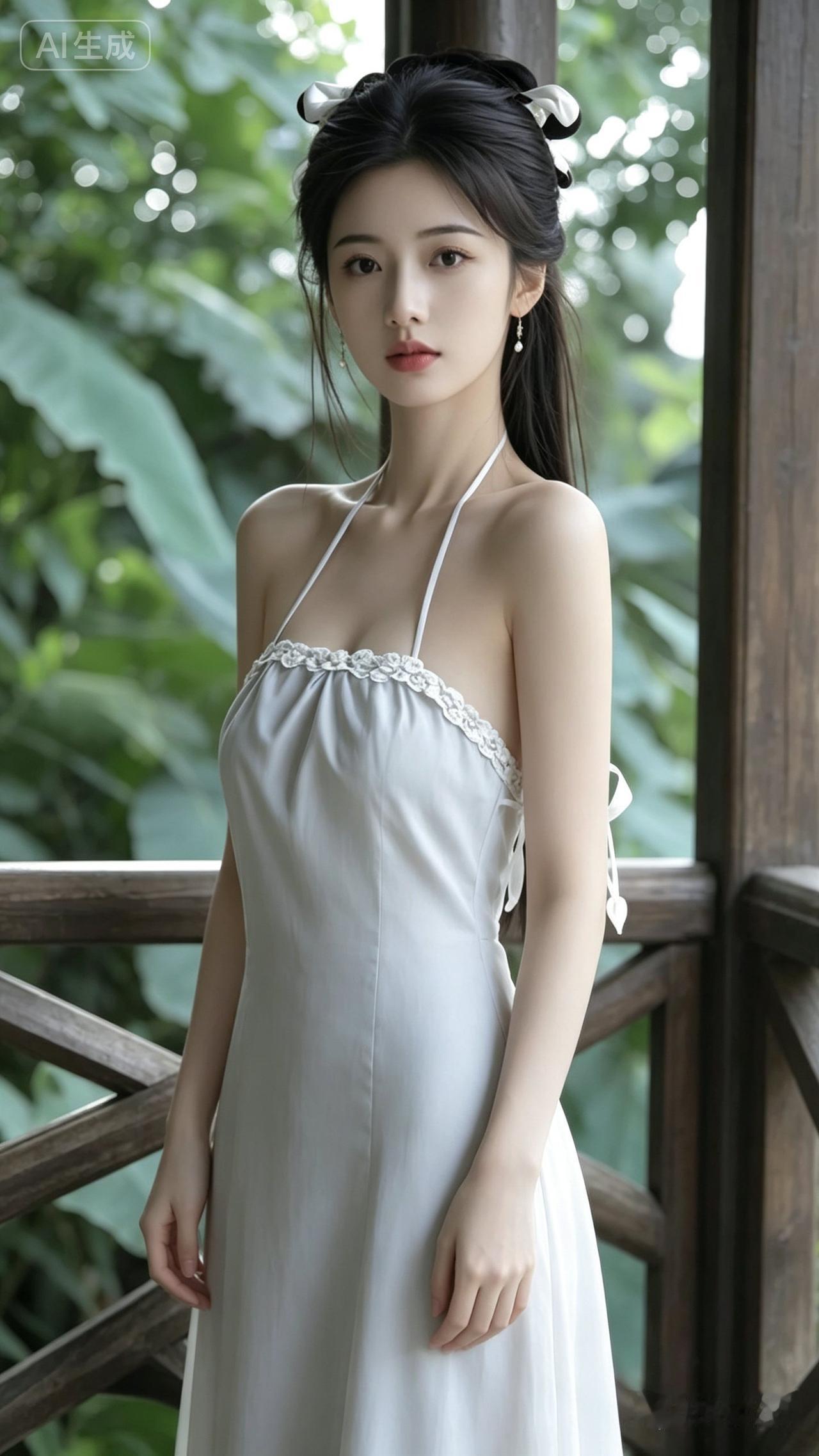 优雅白裙，绿意盎然，清新自然，宛如仙子。