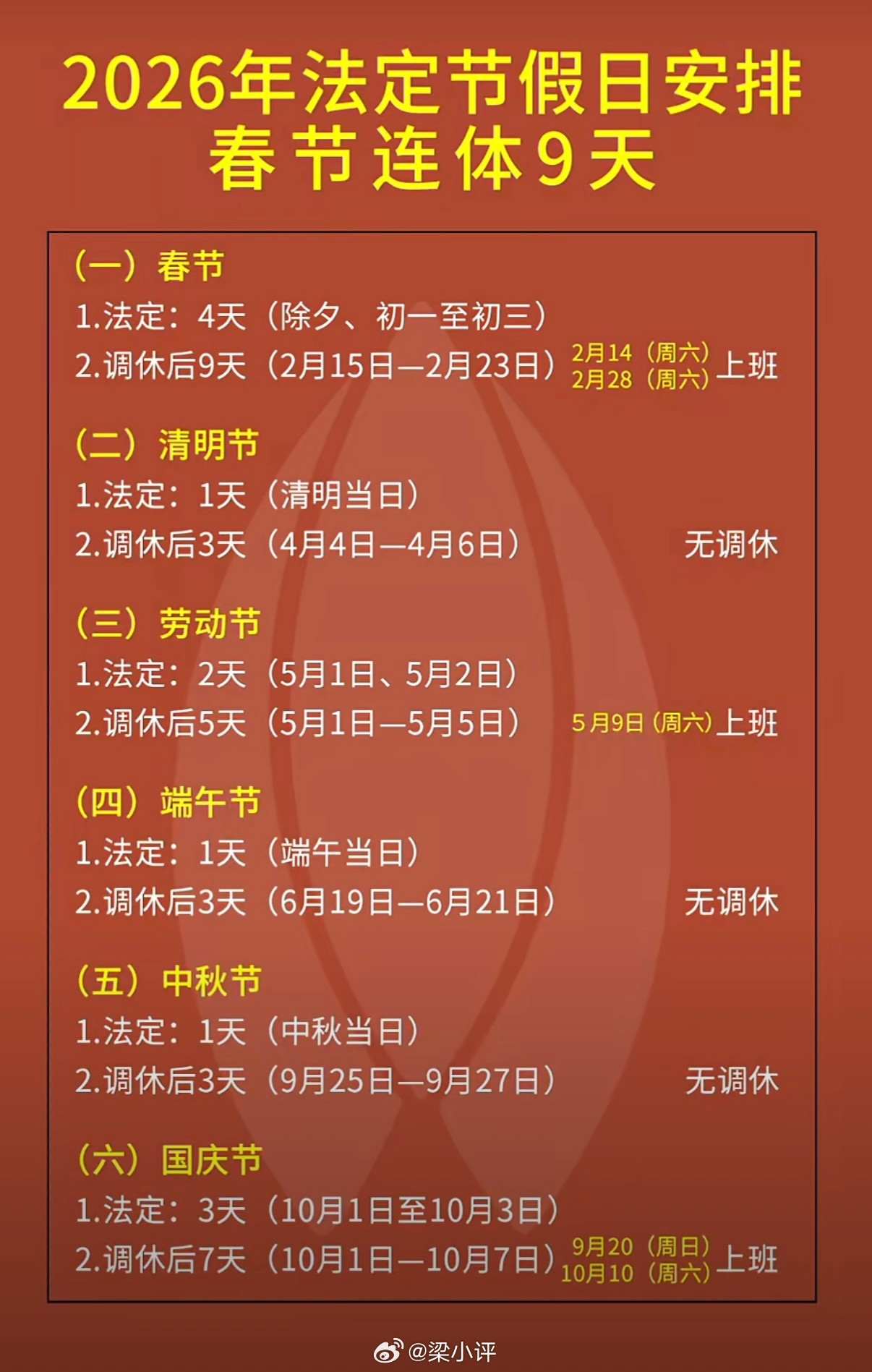 2026国庆放假通知10月1日（周四）—10月7日（周三）放假，共7天调休上班：