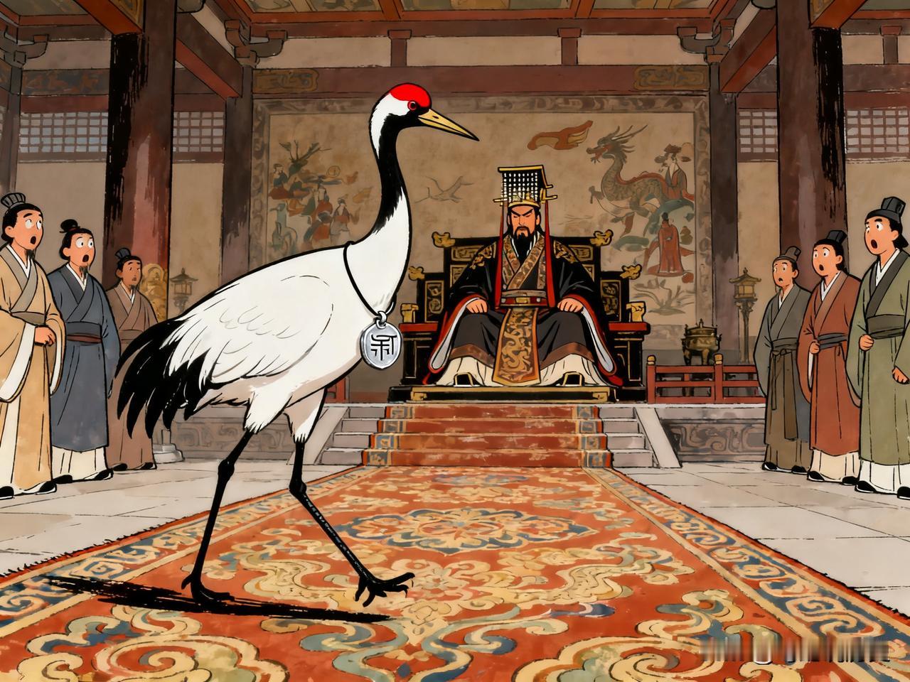 公元前662年秋，卫国朝堂神奇荒谬一幕。卫懿公高坐殿上，看着一只丹顶白鹤踏着锦毯