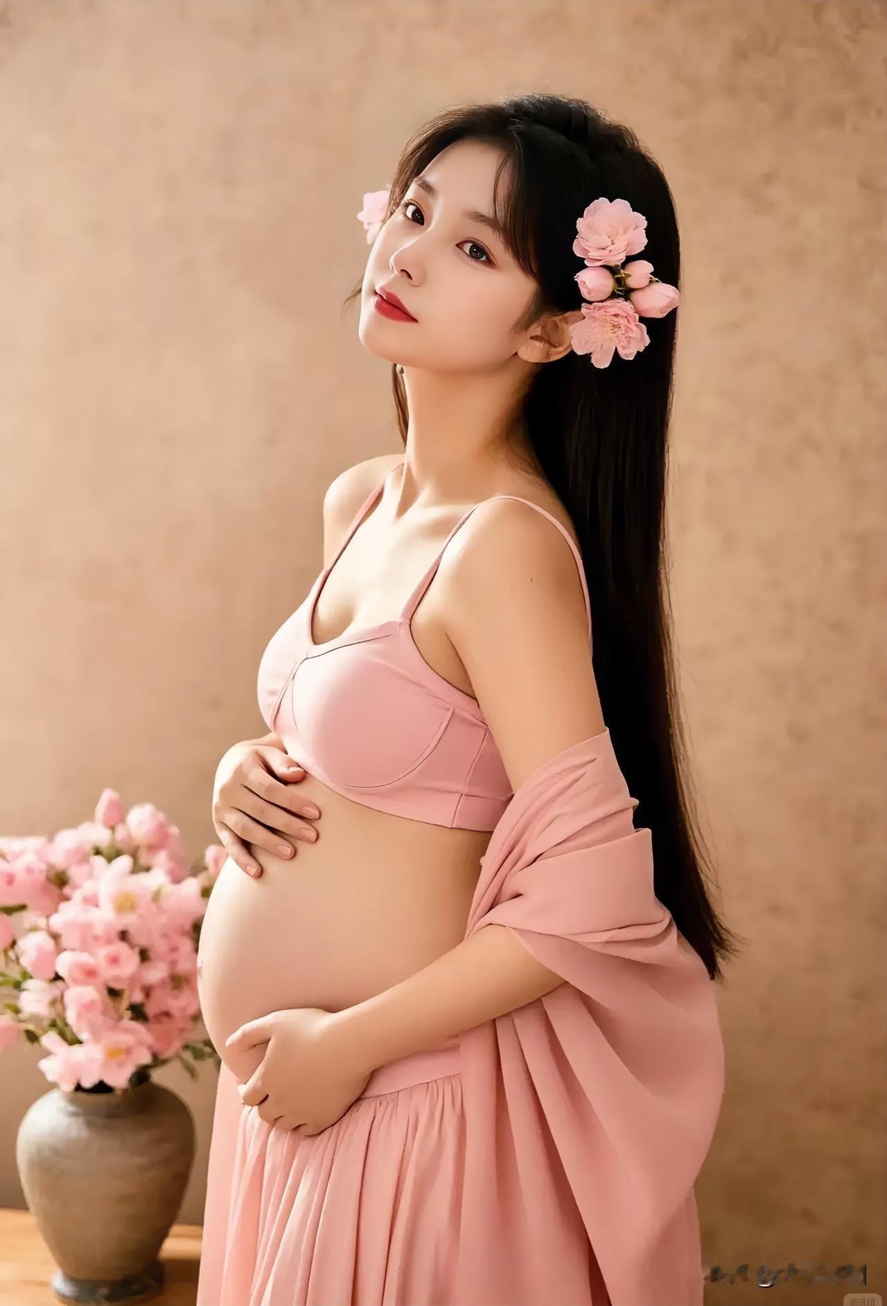 温柔孕味照，以粉色花朵点缀，尽显甜美动人之姿孕期氛围感写真温柔风孕妈照温柔