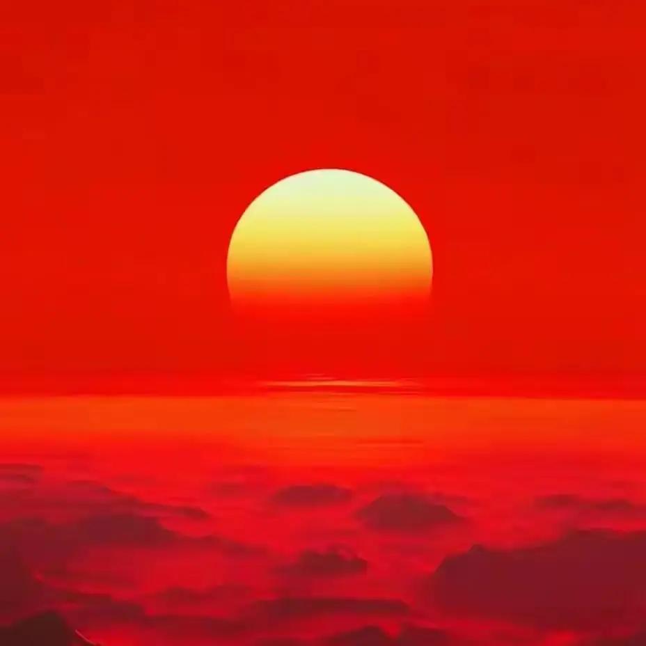 太阳从海面冉冉升起，全地火红通亮。