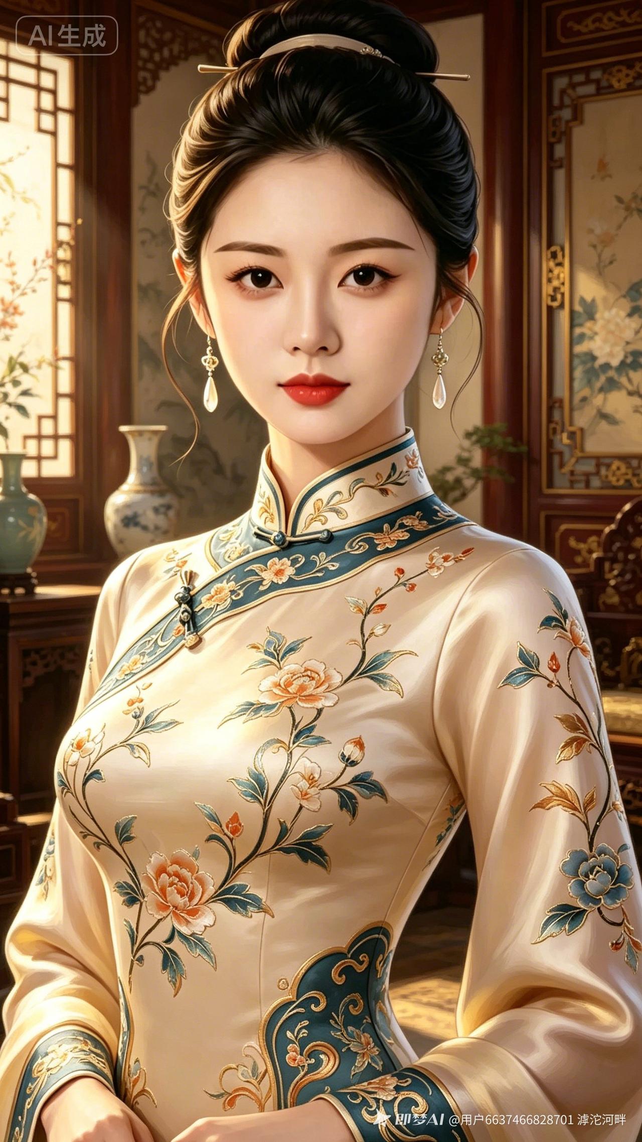 这姑娘穿着旗袍真漂亮！