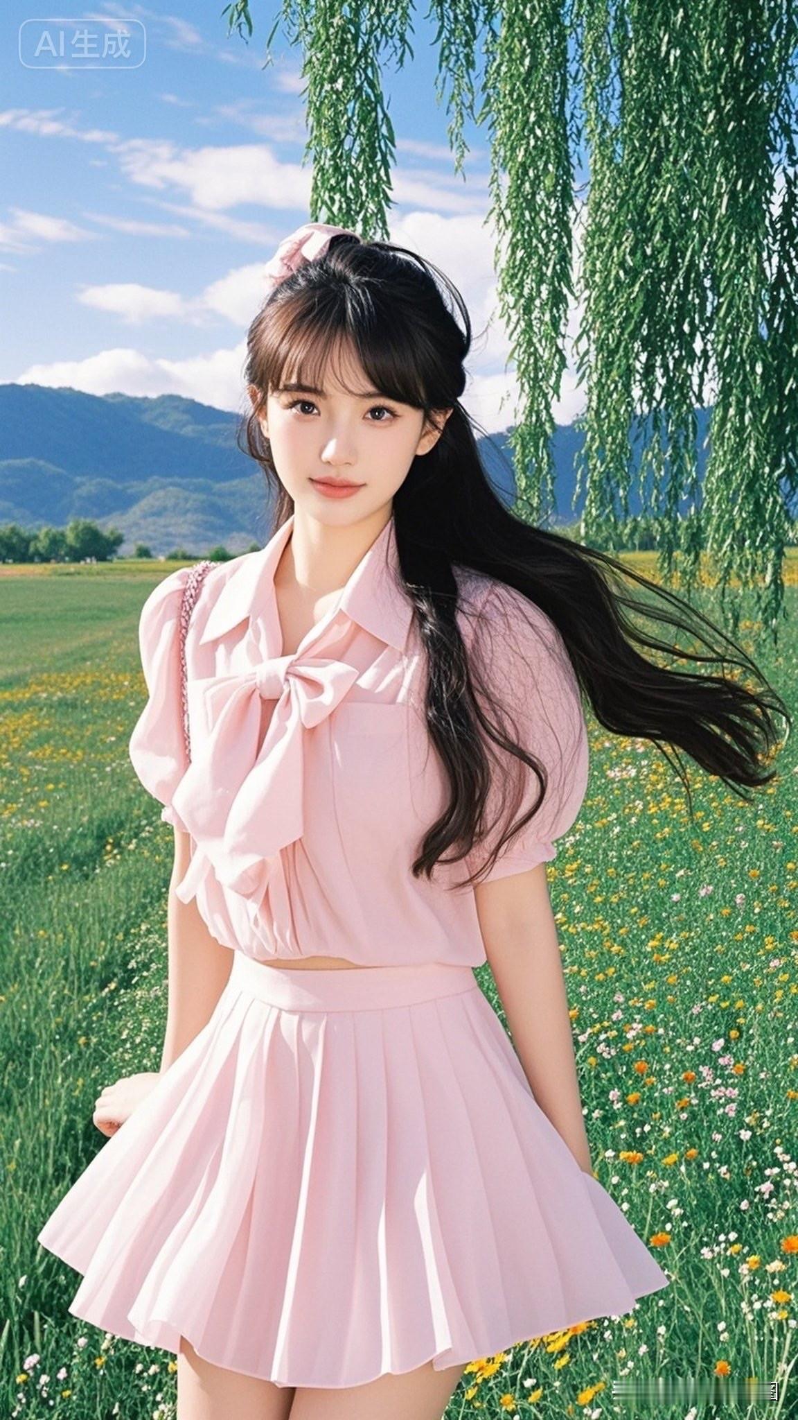 甜美粉裙少女，在花海中微笑🌸🌸🌸
