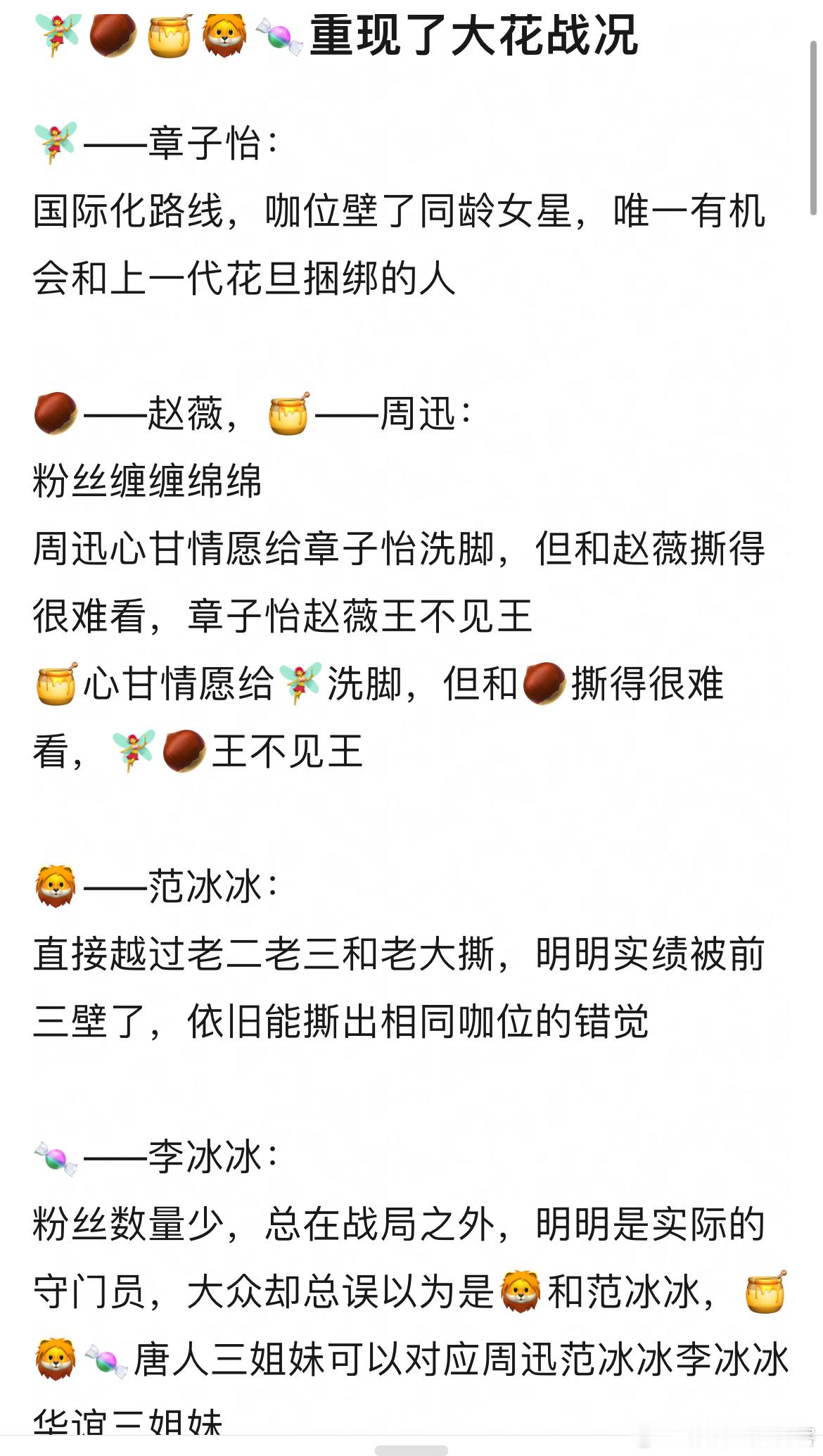 刘亦菲，杨幂，赵丽颖，她姐，唐嫣。与大花。喝了多少啊能写出这段话一看就知道是谁写