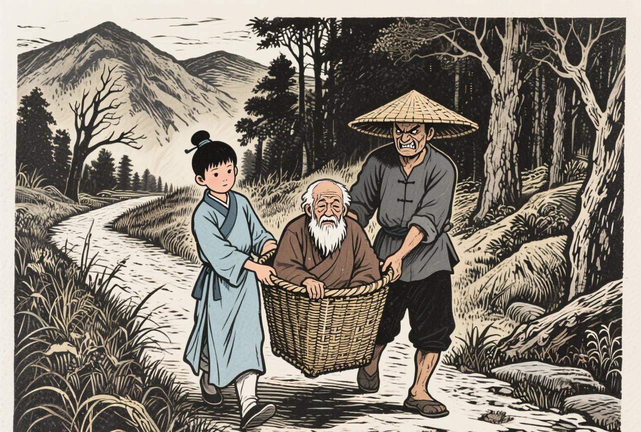 汉朝有个少年，知书达理，非常孝顺；他的父亲却相反，认为少年的祖父是个累赘，总盼